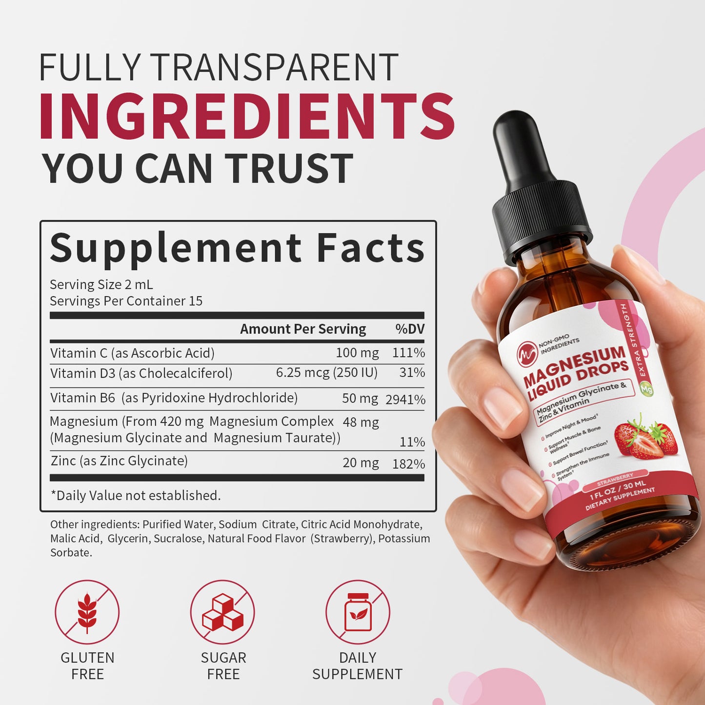 Minch Magnesium Liquid Drops 12-in-1 Magnesium Glycinate Complex | Strawberry Flavor