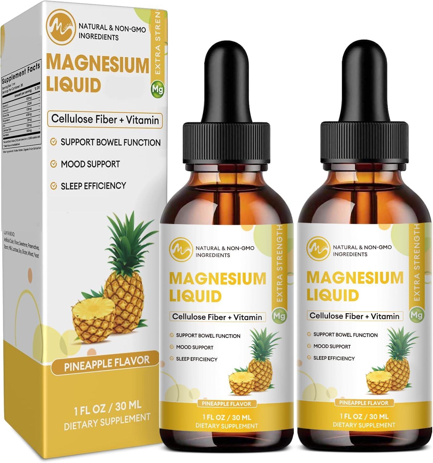 M inch Magnesium Glycinate Liquid, High Absorption Magnesium Liquid Drops with Cellulose Fiber, Bromelain, Vitamin B6, C, D, Zinc, Magnesium Supplement for Kids and Adults, Pineapple Flavor, 2 Pack - M inch