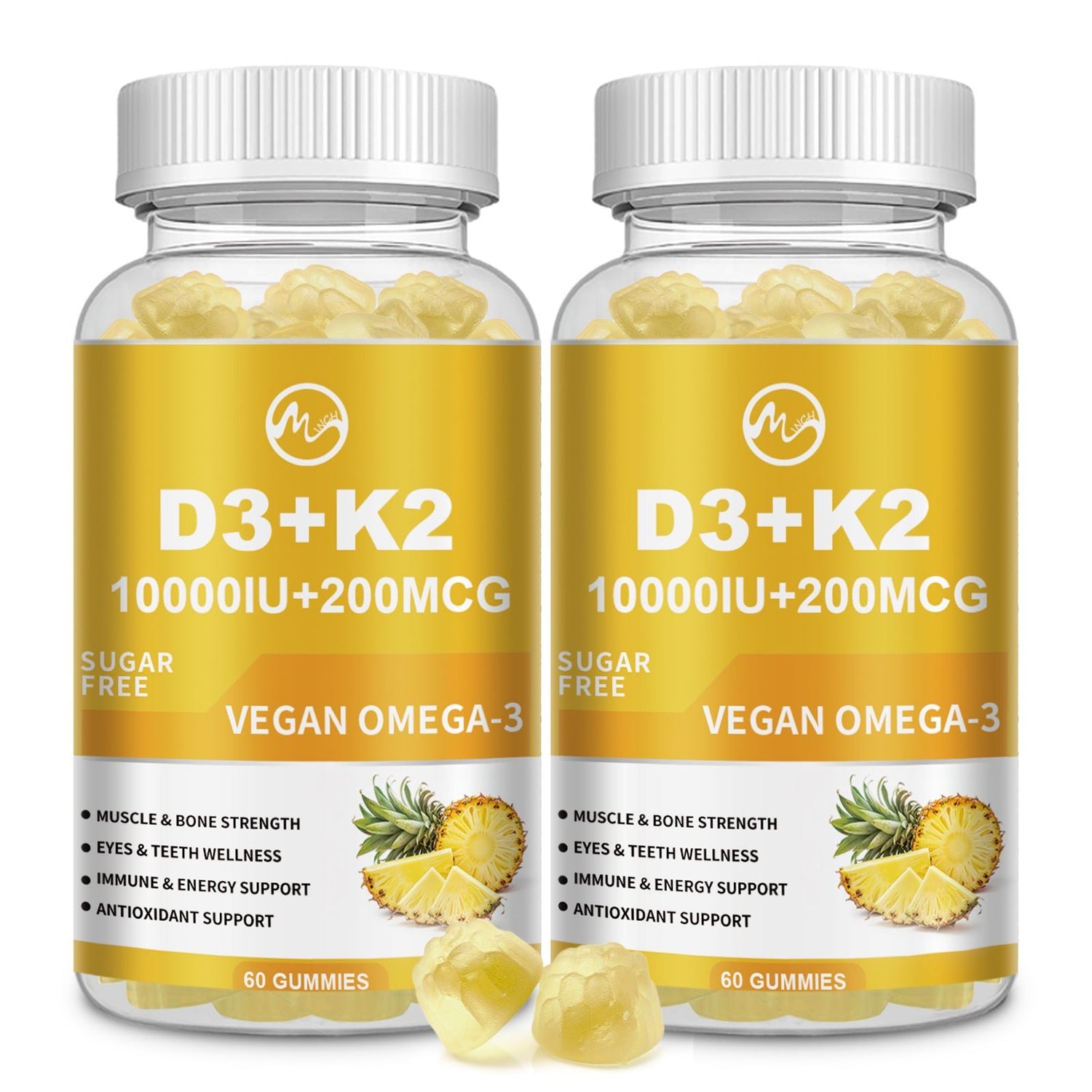 Bottles of Vitamin D3 K2 gummies with Omega-3, calcium, and magnesium