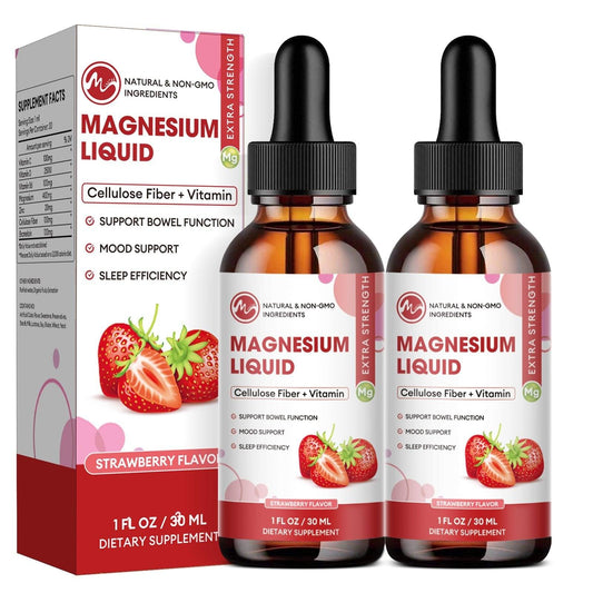 M inch Magnesium Glycinate Liquid, High Absorption Magnesium Liquid Drops with Cellulose Fiber, Bromelain, Vitamin B6, C, D, Zinc, Magnesium Supplement for Kids and Adults, Strawberry Flavor, 2 Pack - M inch