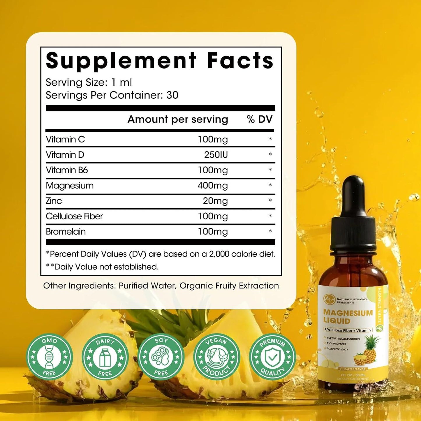 M inch Magnesium Glycinate Liquid, High Absorption Magnesium Liquid Drops with Cellulose Fiber, Bromelain, Vitamin B6, C, D, Zinc, Magnesium Supplement for Kids and Adults, Pineapple Flavor, 2 Pack - M inch