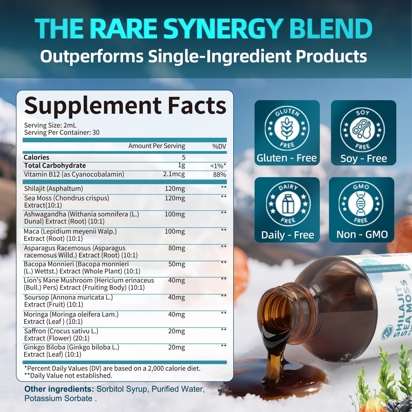 Shilajit Resin Liquid Drop Supplement, with Sea Moss, Ashwagandha,Energy, Antioxidant, Immune Support, 60ML 2 FL oz