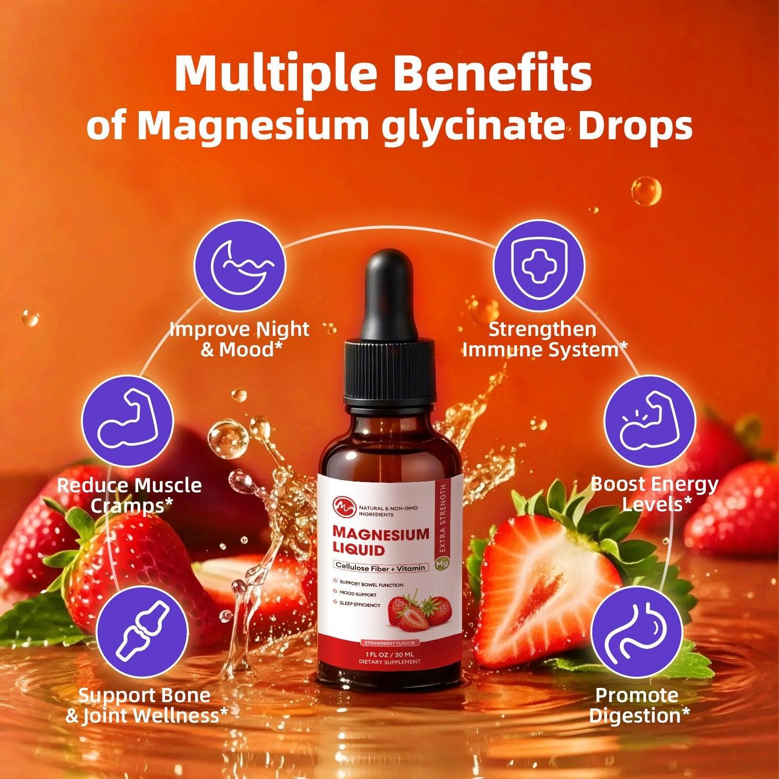 M inch Magnesium Glycinate Liquid, High Absorption Magnesium Liquid Drops with Cellulose Fiber, Bromelain, Vitamin B6, C, D, Zinc, Magnesium Supplement for Kids and Adults, Strawberry Flavor, 2 Pack - M inch