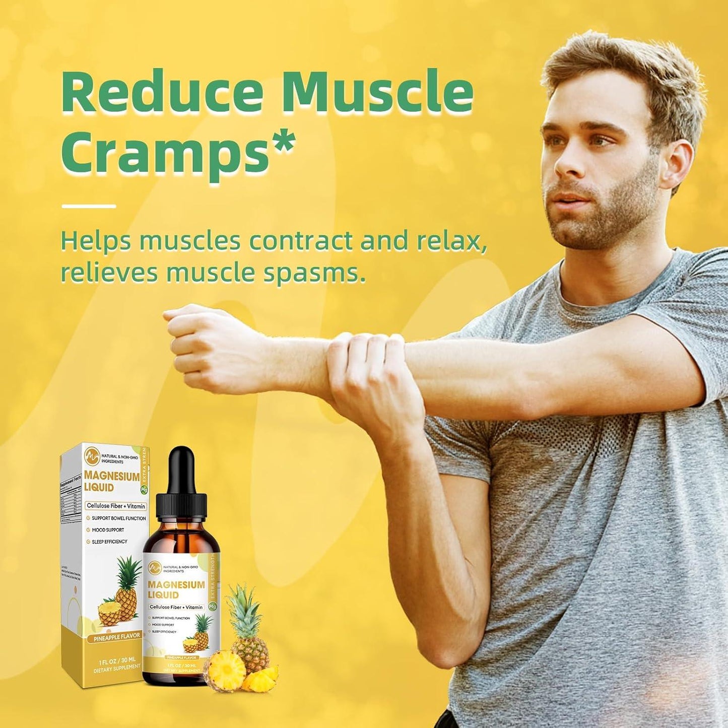 M inch Magnesium Glycinate Liquid, High Absorption Magnesium Liquid Drops with Cellulose Fiber, Bromelain, Vitamin B6, C, D, Zinc, Magnesium Supplement for Kids and Adults, Pineapple Flavor, 2 Pack - M inch