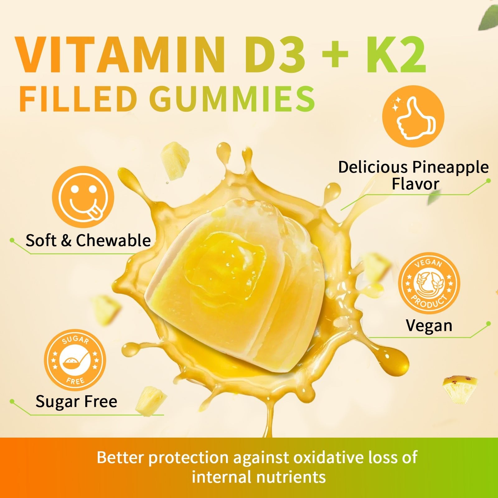Minch Vitamin D3 K2 Filled Gummies Supplement with Omega-3, Calcium, Magnesium, Zinc, (2 Packs) - M inch
