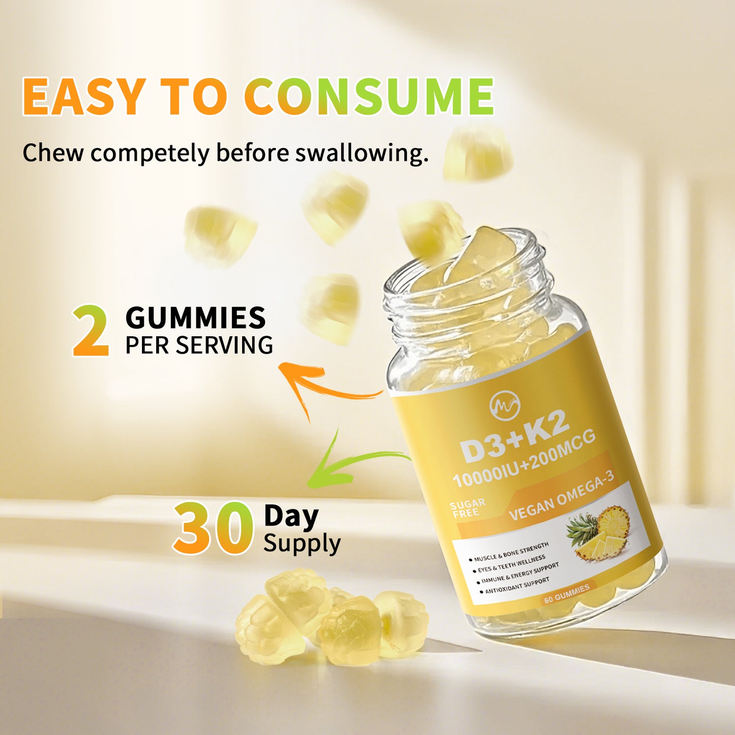 Minch Vitamin D3 K2 Filled Gummies Supplement with Omega-3, Calcium, Magnesium, Zinc