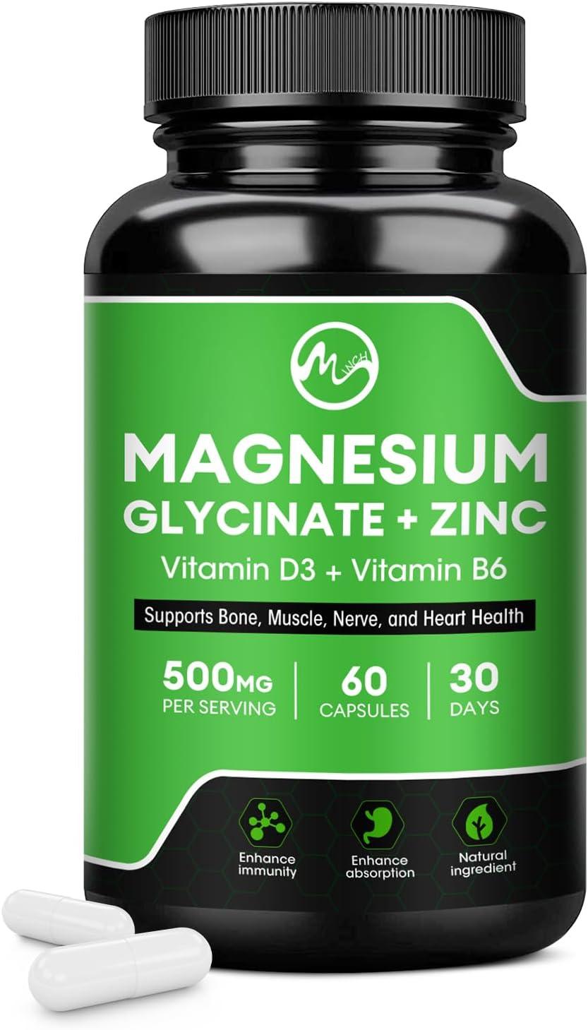 (2 Pack) Magnesium Glycinate Capsules, Magnesium Supplement 400 mg with Zinc,Vitamin D3 & B6 - Highly Bioavailable and Absorption - Bone,Heart,Joint,Immune Support - 120CT - M inch