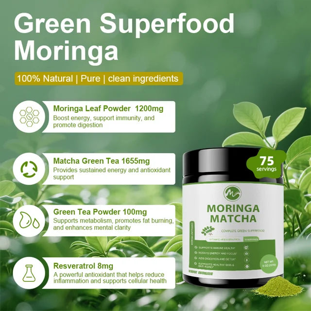 Moringa Powder – Moringa Oleifera Leaf Powder, with Matcha, Green Tea – 8Oz 227g