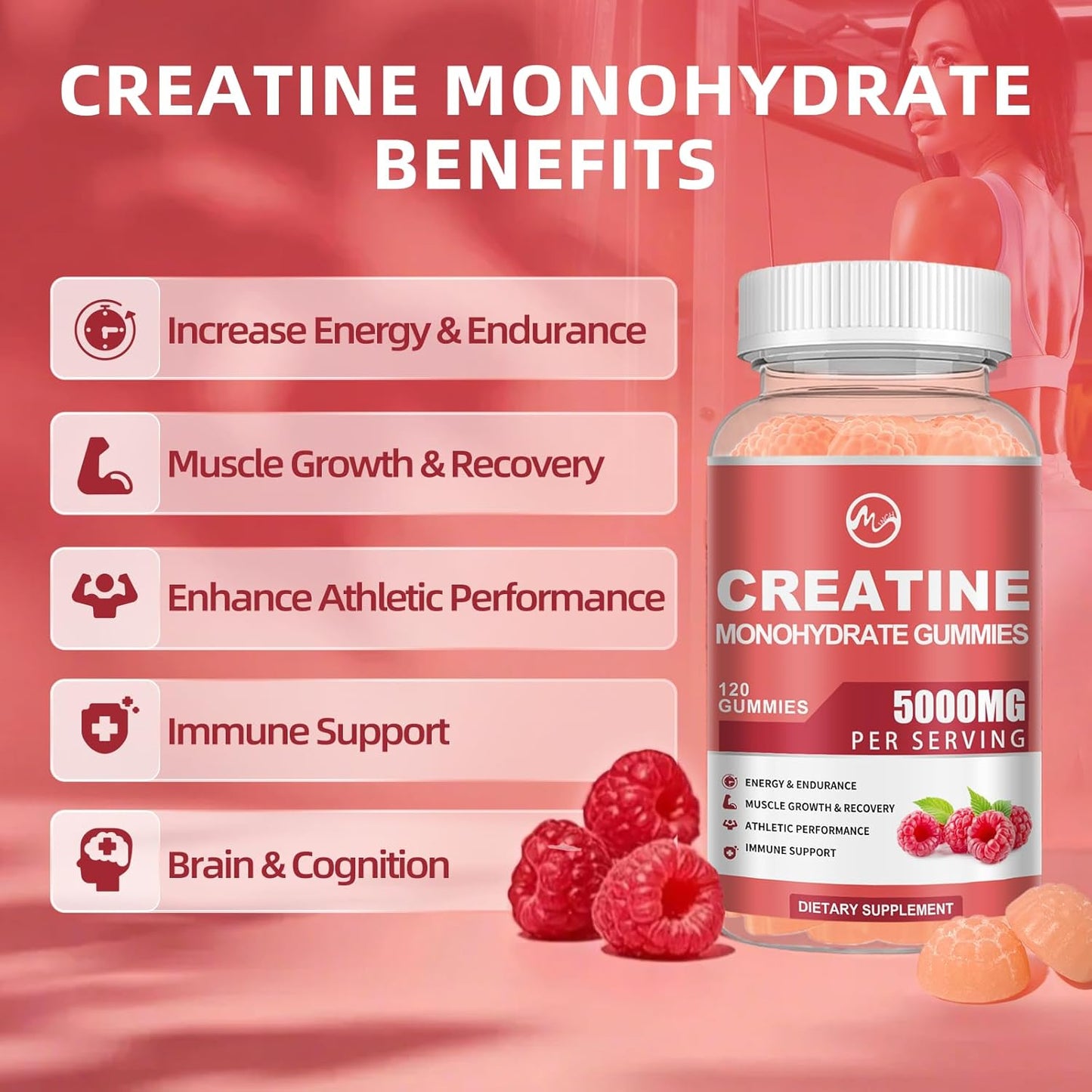 Creatine Monohydrate Gummies 5000mg with Taurine and L-Glutamine, Berry Flavored Creatine Monohydrate Pre Workout Supplement for Muscle Strength and Energy, 120 Gummies