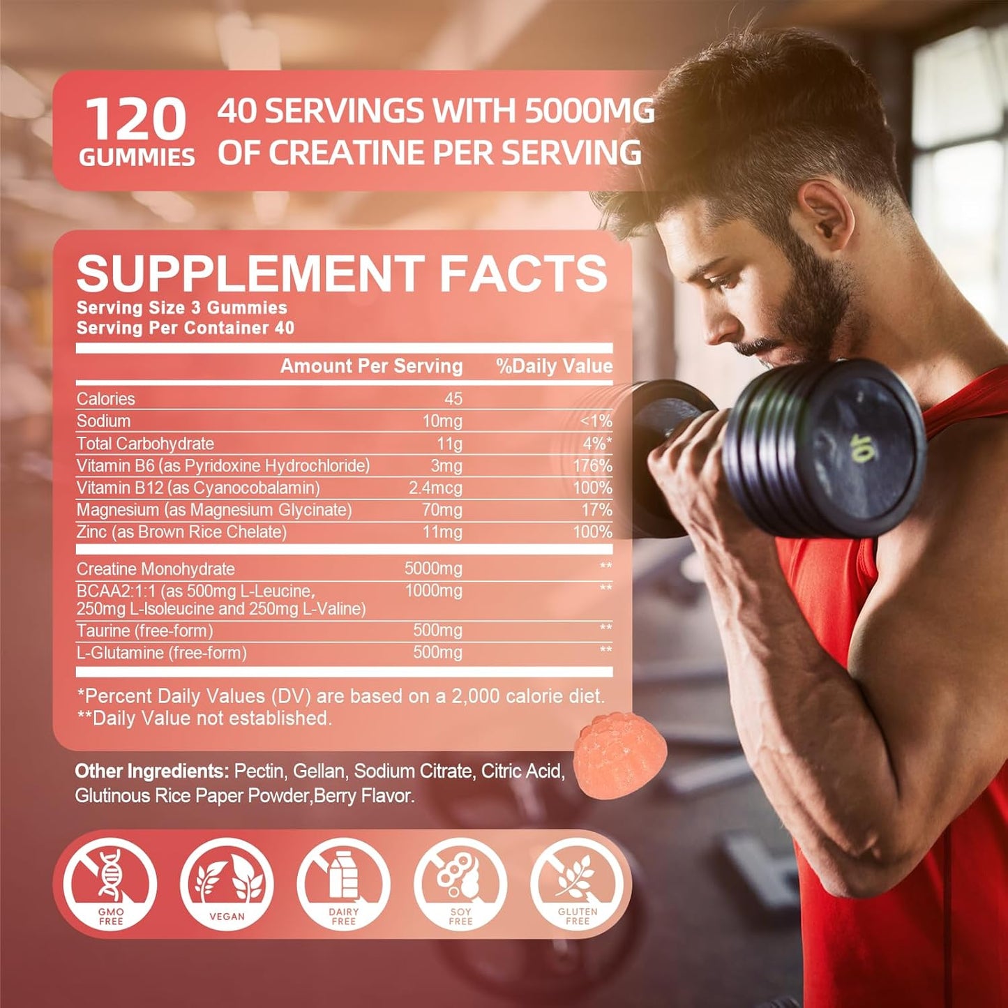 Creatine Monohydrate Gummies 5000mg with Taurine and L-Glutamine, Berry Flavored Creatine Monohydrate Pre Workout Supplement for Muscle Strength and Energy, 120 Gummies