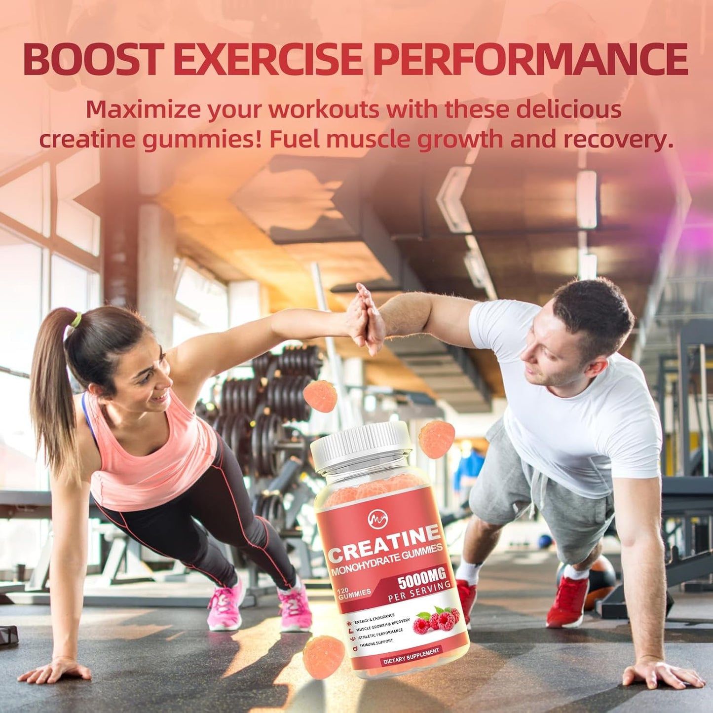 Creatine Monohydrate Gummies 5000mg with Taurine and L-Glutamine, Berry Flavored Creatine Monohydrate Pre Workout Supplement for Muscle Strength and Energy, 120 Gummies