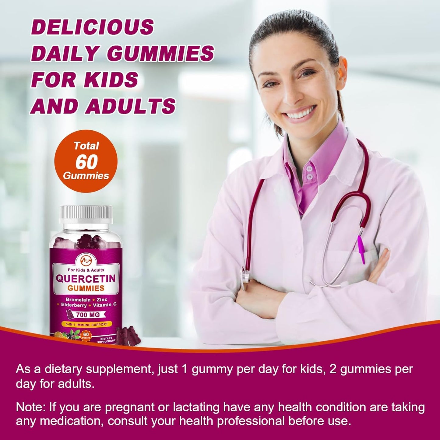 M inch Quercetin Gummies with Bromelain, Elderberry, Zinc and Vitamin C - Chewable Quercetin 700 mg Supplement for Immunity, Allergy, Antioxidant Support - 60 Vegan Gummies