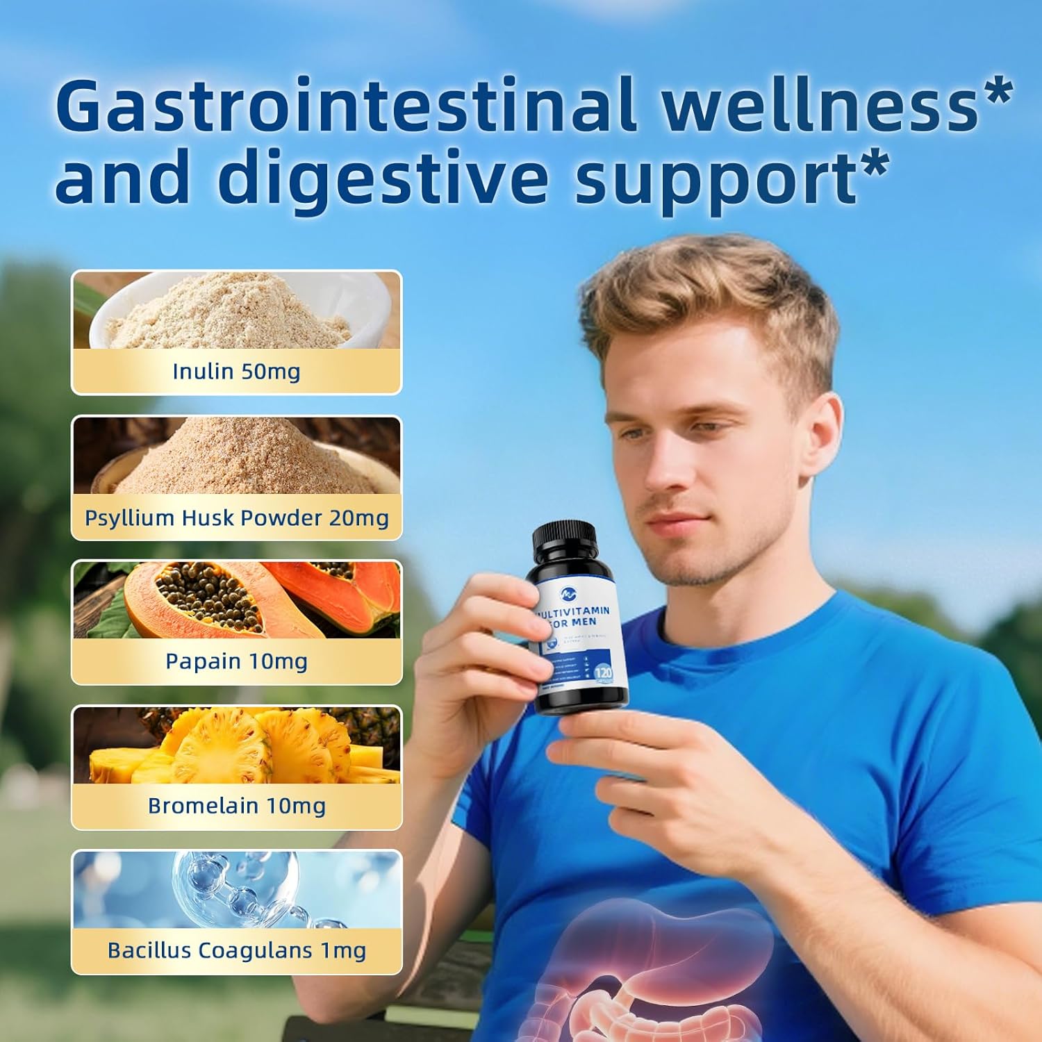 Multivitamin for Men - Daily Mens Multivitamins with Vitamin D, Zinc, Methylcobalamin B12, Folic Acid, Lycopene and Prebiotics for Men's Wellness, Immune Support, Energy and Vitality, 120 Capsules - M inch