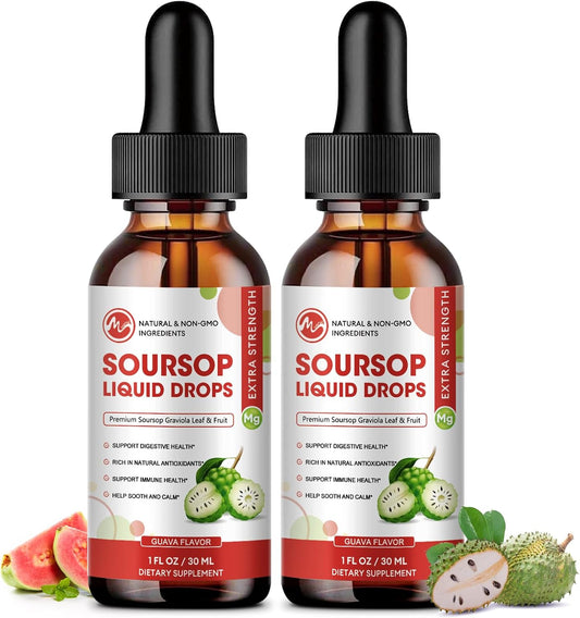 Organic Soursop Leaves Bitters Liquid Drops for Cell Support, Regeneration, Antioxidant, Immune Boost, Guava Flavor - Sugar Free, 2 Fl Oz