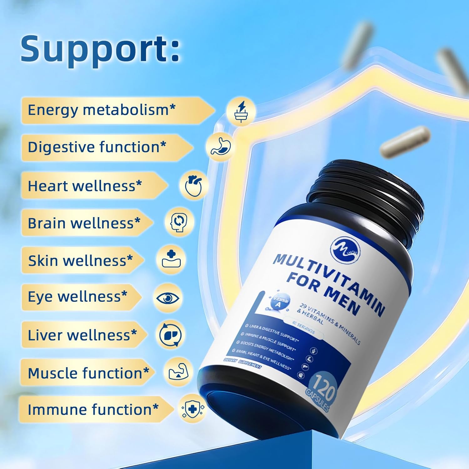 Multivitamin for Men - Daily Mens Multivitamins with Vitamin D, Zinc, Methylcobalamin B12, Folic Acid, Lycopene and Prebiotics for Men's Wellness, Immune Support, Energy and Vitality, 120 Capsules - M inch