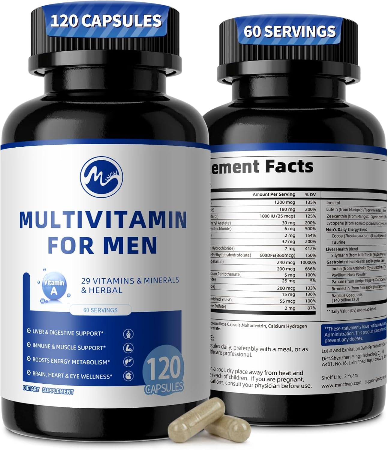 Multivitamin for Men - Daily Mens Multivitamins with Vitamin D, Zinc, Methylcobalamin B12, Folic Acid, Lycopene and Prebiotics for Men's Wellness, Immune Support, Energy and Vitality, 120 Capsules - M inch