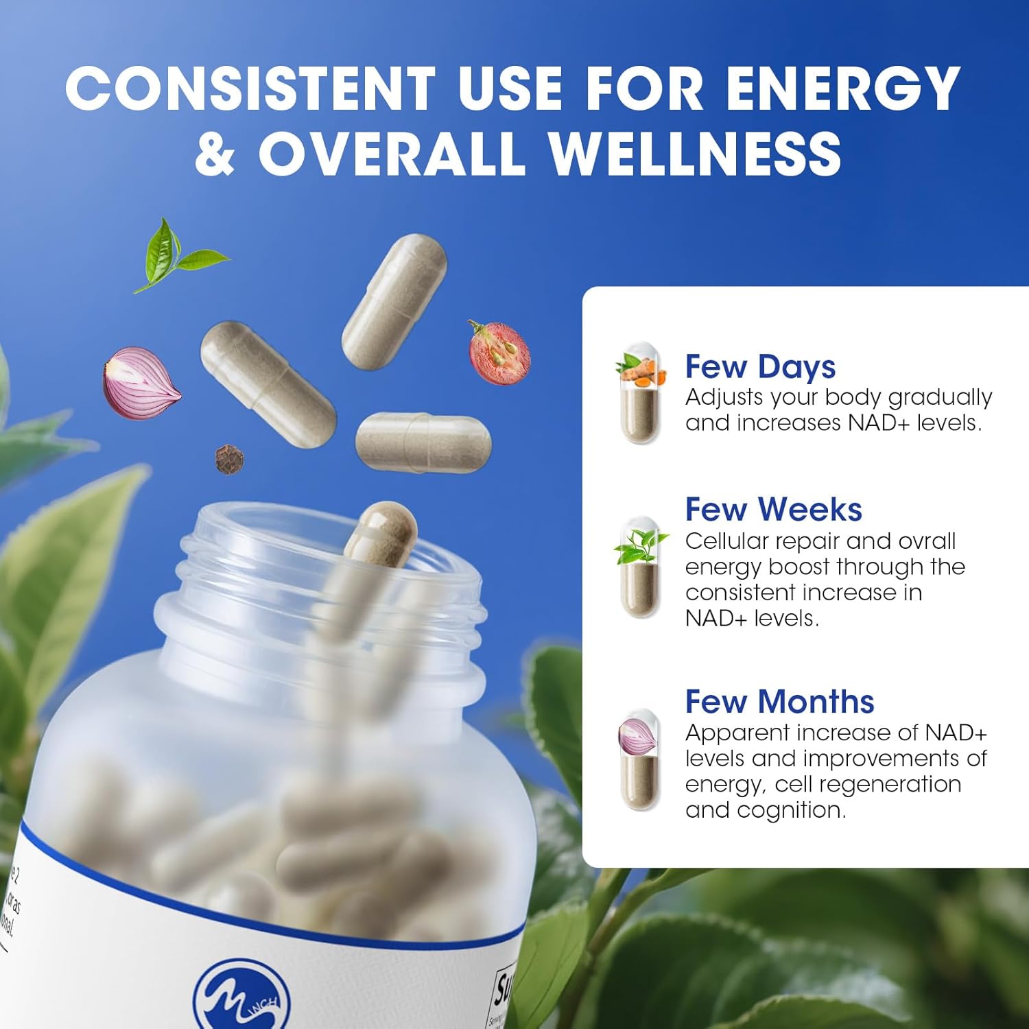NAD+ Supplement, Liposomal NAD+ Supplement with Resveratrol for Energy, Anti-Aging, Cell Regeneration Support, Nicotinamide Riboside, L-Theanine, Turmeric, Quercetin, Highest Absorption, 120 Capsules - M inch
