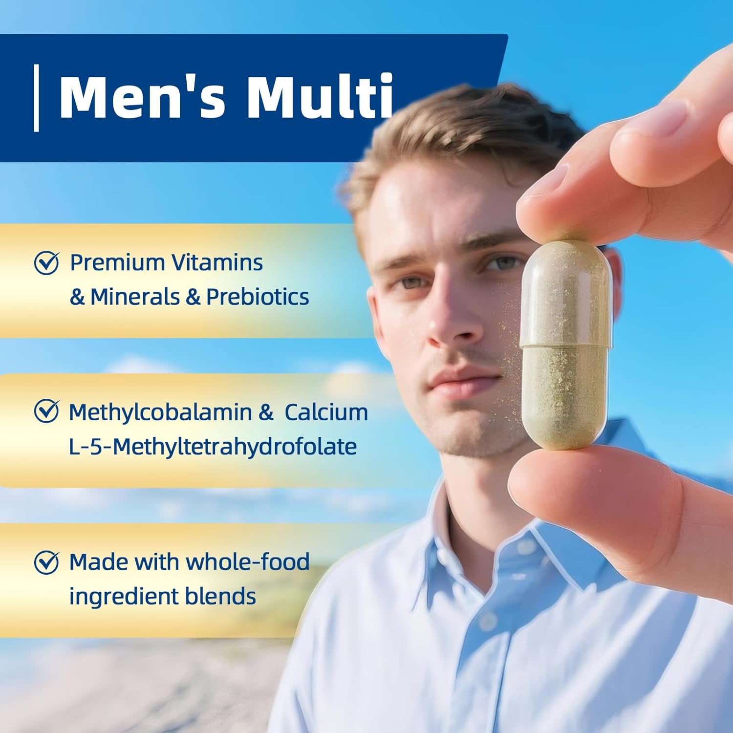 Multivitamin for Men - Daily Mens Multivitamins with Vitamin D, Zinc, Methylcobalamin B12, Folic Acid, Lycopene and Prebiotics for Men's Wellness, Immune Support, Energy and Vitality, 120 Capsules - M inch