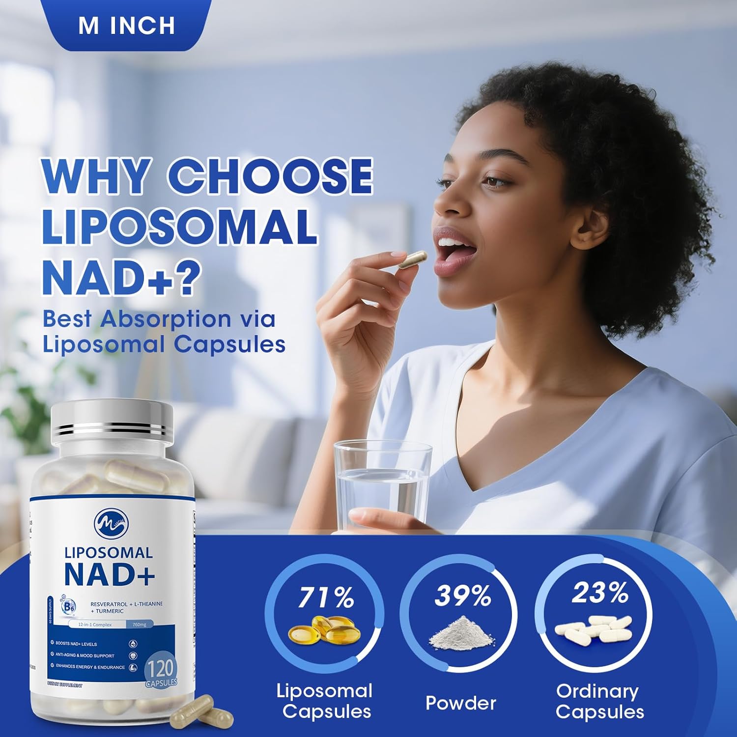 NAD+ Supplement, Liposomal NAD+ Supplement with Resveratrol for Energy, Anti-Aging, Cell Regeneration Support, Nicotinamide Riboside, L-Theanine, Turmeric, Quercetin, Highest Absorption, 120 Capsules - M inch