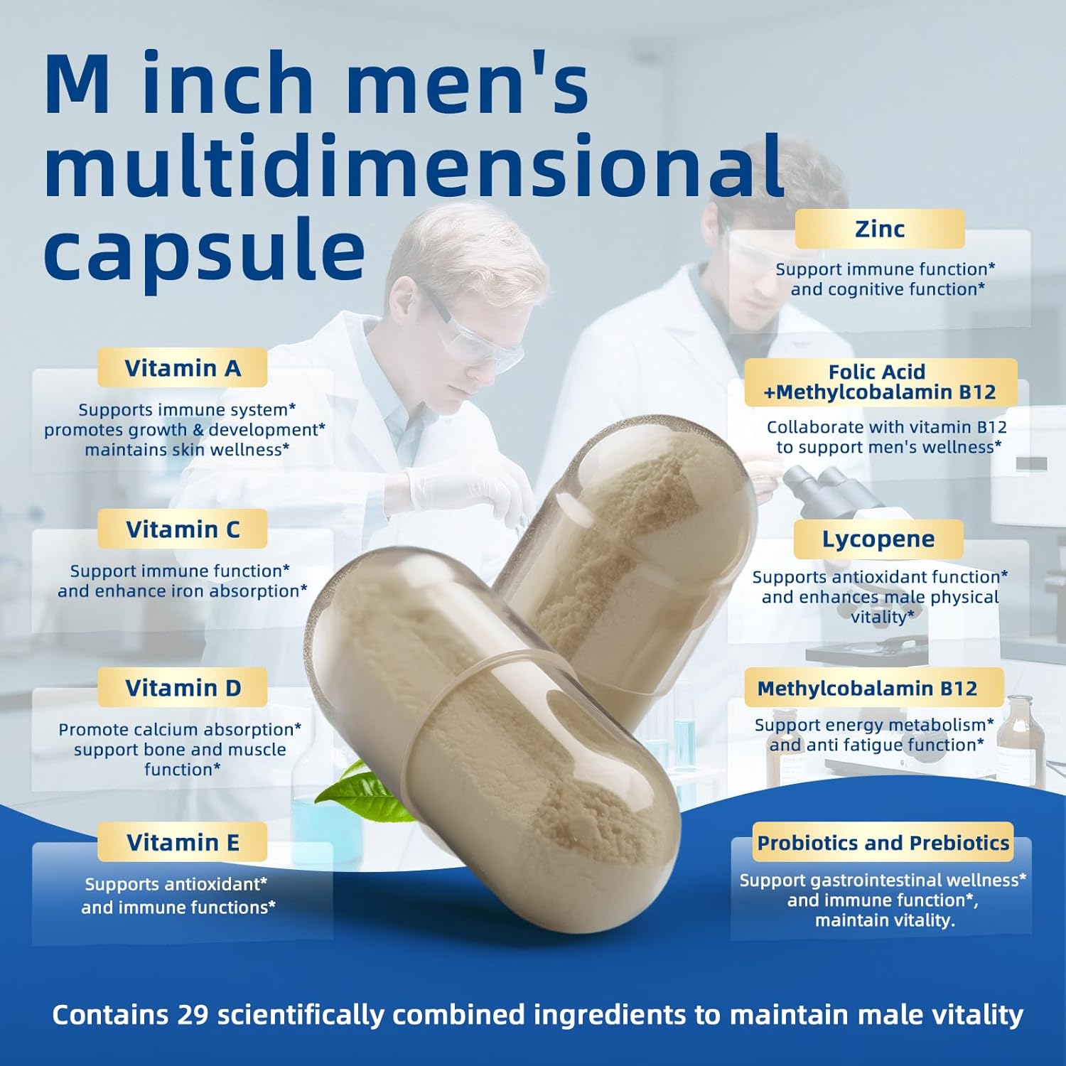 Multivitamin for Men - Daily Mens Multivitamins with Vitamin D, Zinc, Methylcobalamin B12, Folic Acid, Lycopene and Prebiotics for Men's Wellness, Immune Support, Energy and Vitality, 120 Capsules - M inch