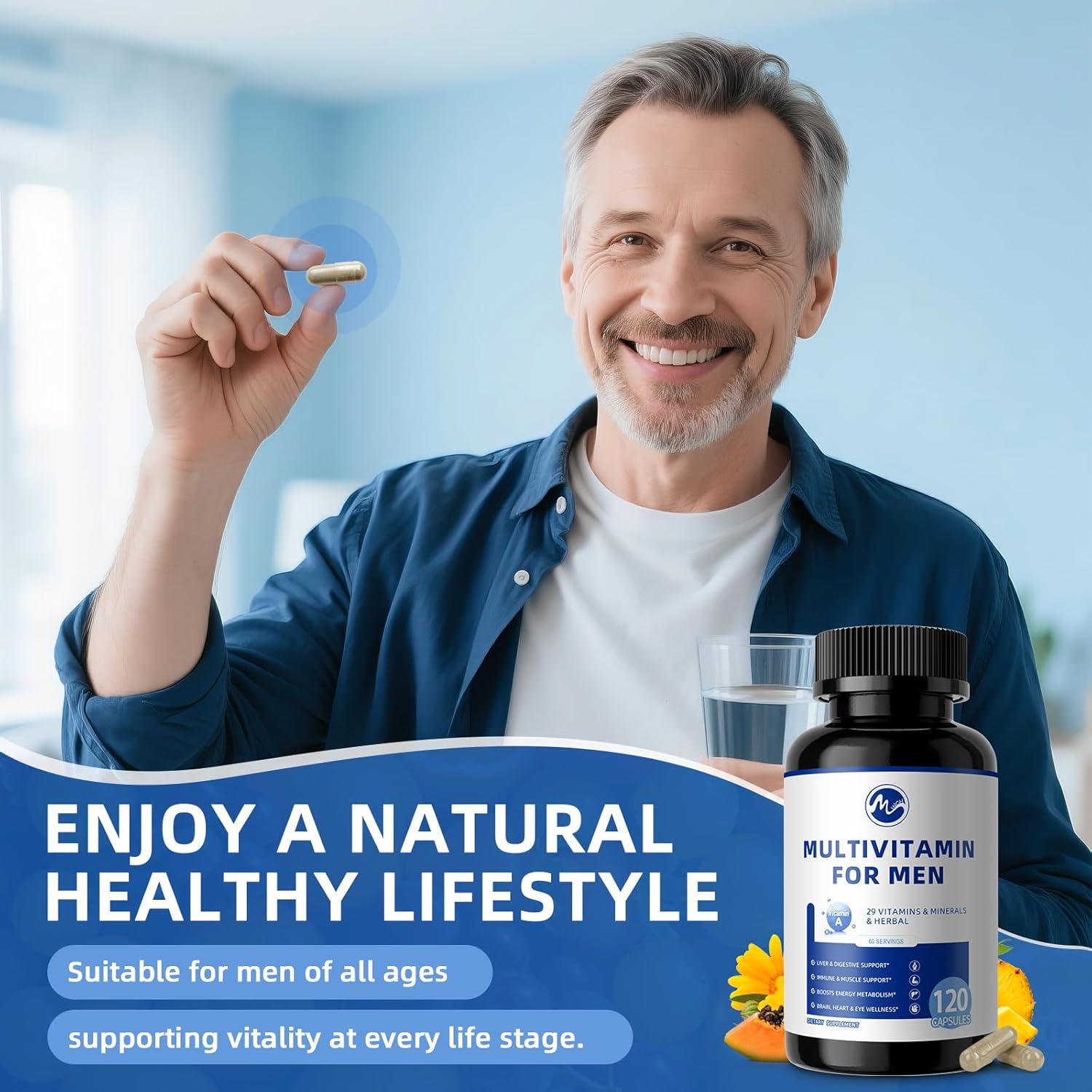 Multivitamin for Men - Daily Mens Multivitamins with Vitamin D, Zinc, Methylcobalamin B12, Folic Acid, Lycopene and Prebiotics for Men's Wellness, Immune Support, Energy and Vitality, 120 Capsules - M inch