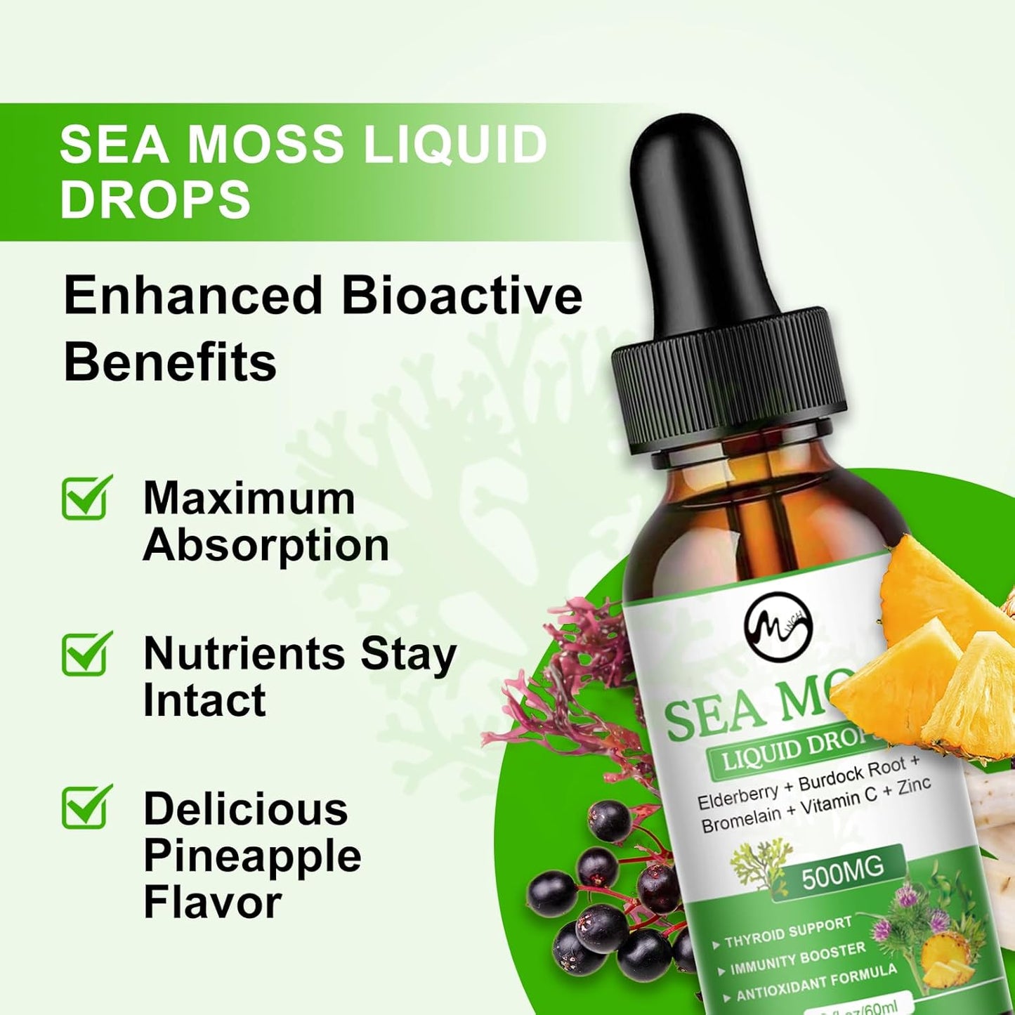Sea Moss Liquid Drops - Irish Sea Moss 2000mg with Elderberry, Burdock Root, Bromelain, Vitamin C and Zinc - 98 Essential Minerals Seamoss Supplement for Immune, Joint, Digestion, Aging Support - 2oz