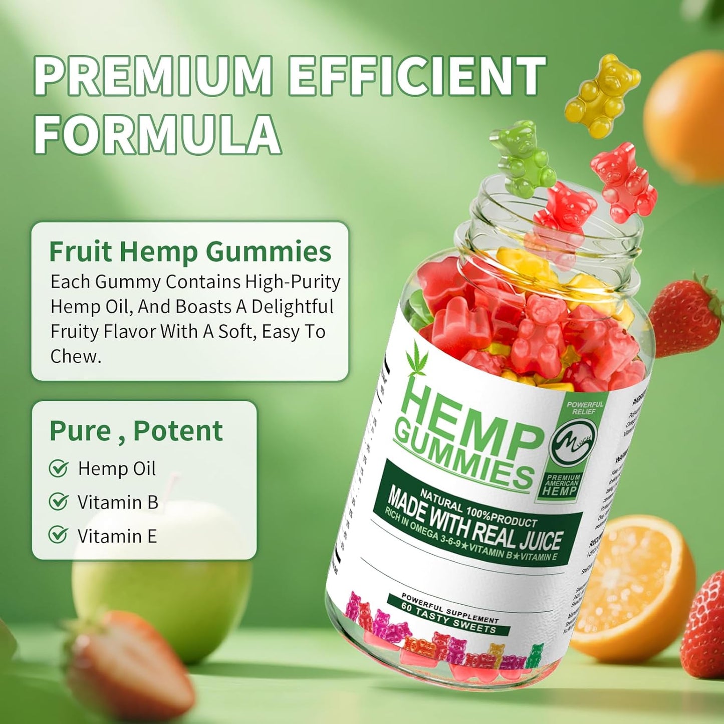 2 Packs Hemp Gummies 1 200 000mg High Strength Stress Relief Fruity Gummy Bear with Hemp Oil 100% Natural Hemp Candy Supplements Promotes Sleep and Calm Mood