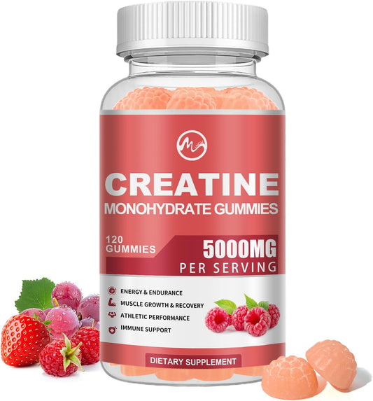 Creatine Monohydrate Gummies 5000mg with Taurine and L-Glutamine, Berry Flavored Creatine Monohydrate Pre Workout Supplement for Muscle Strength and Energy, 120 Gummies