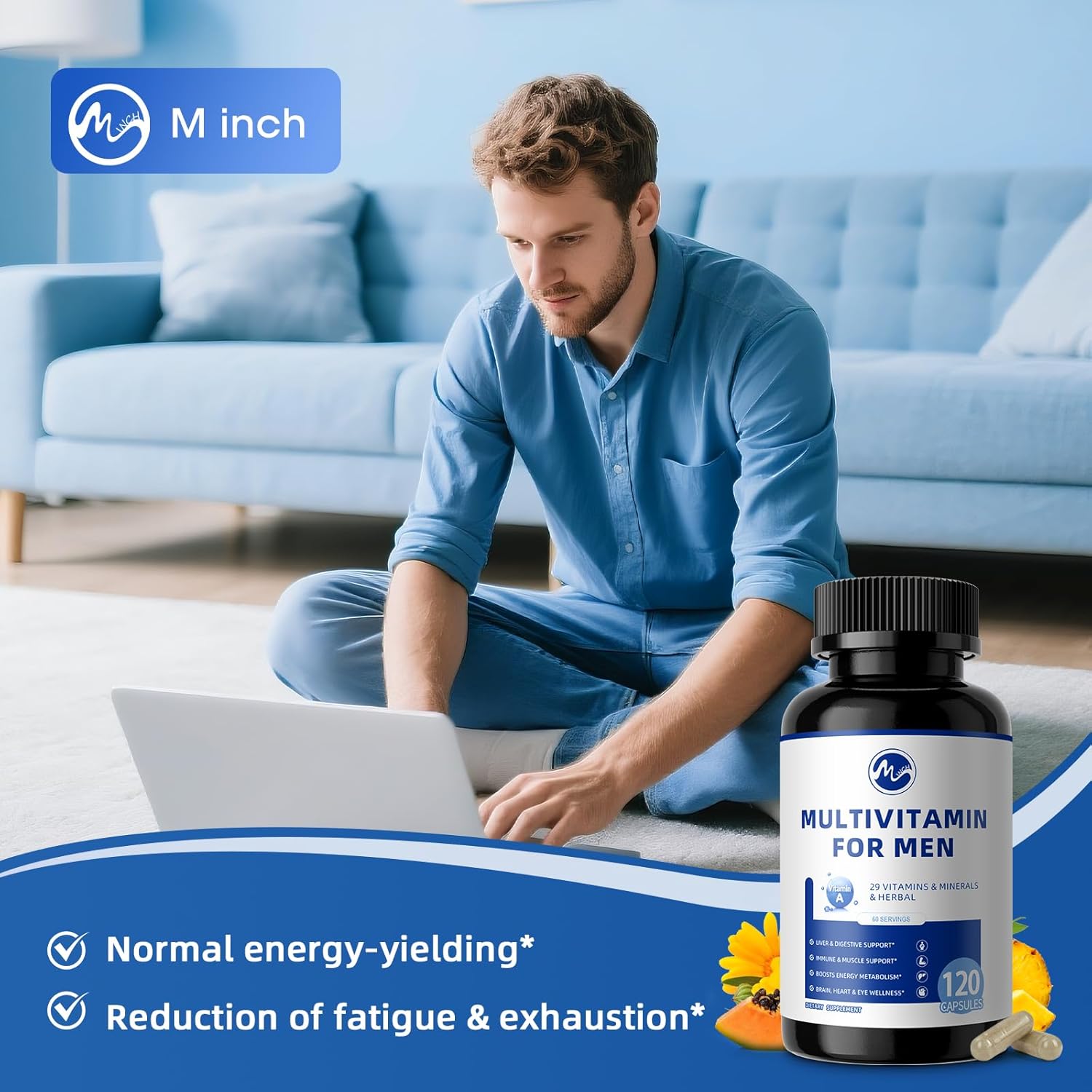 Multivitamin for Men - Daily Mens Multivitamins with Vitamin D, Zinc, Methylcobalamin B12, Folic Acid, Lycopene and Prebiotics for Men's Wellness, Immune Support, Energy and Vitality, 120 Capsules - M inch