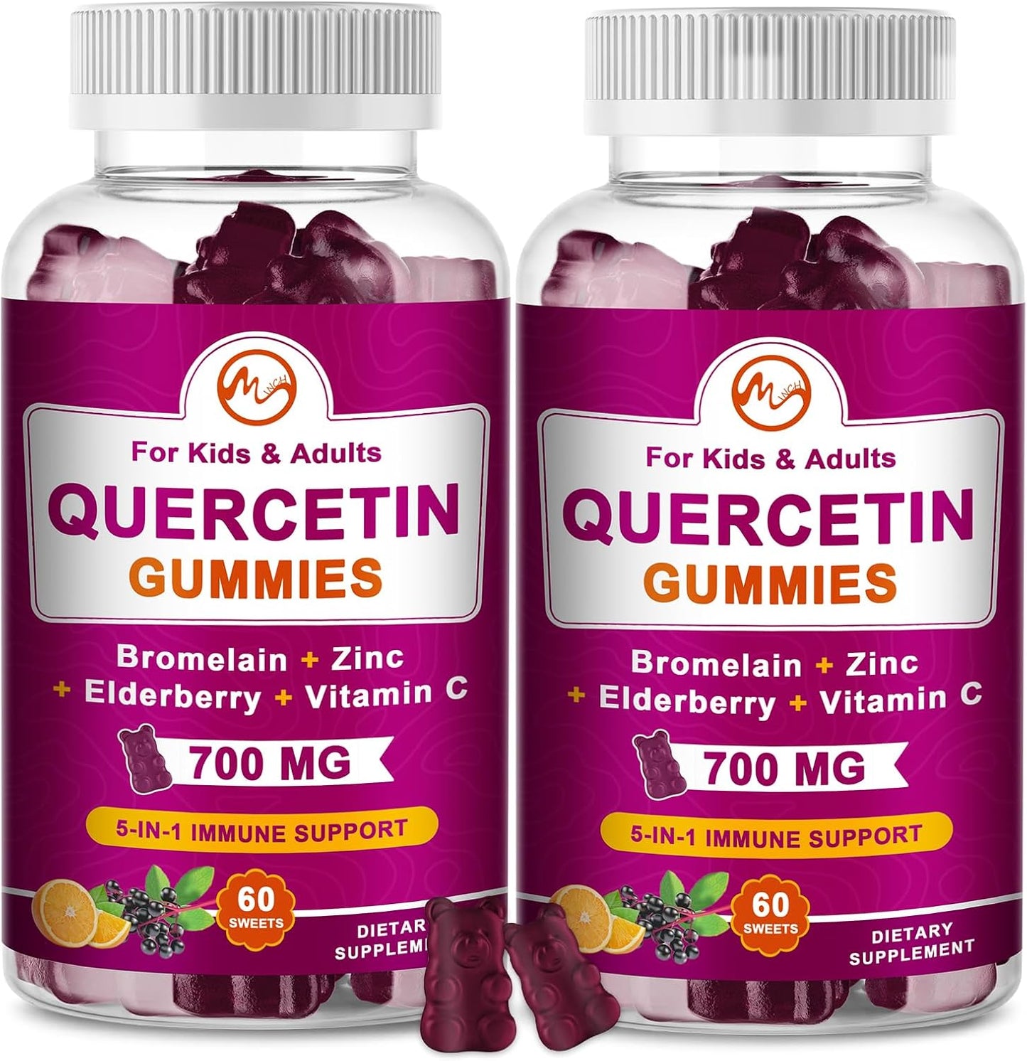 M inch Quercetin Gummies with Bromelain, Elderberry, Zinc and Vitamin C - Chewable Quercetin 700 mg Supplement for Immunity, Allergy, Antioxidant Support - 60 Vegan Gummies