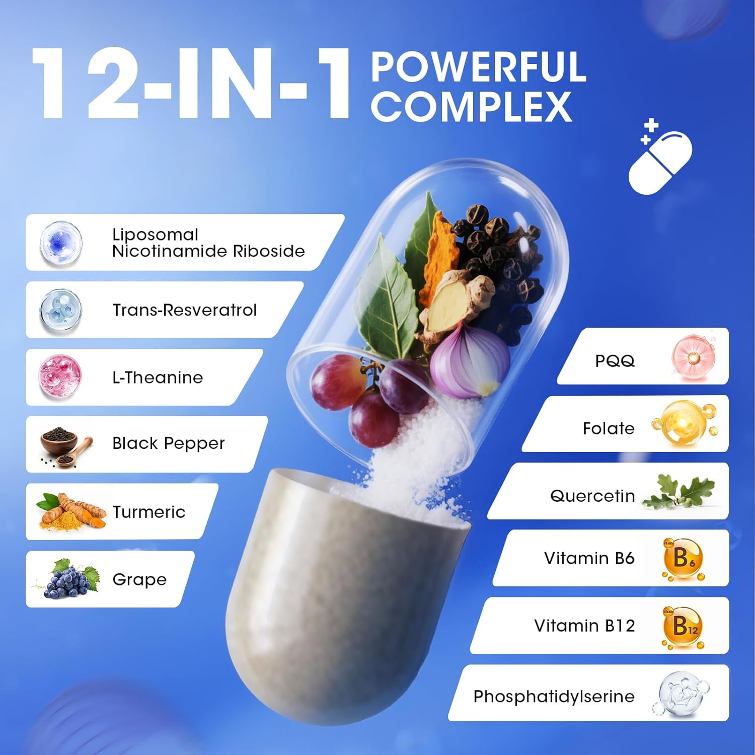 NAD+ Supplement, Liposomal NAD+ Supplement with Resveratrol for Energy, Anti-Aging, Cell Regeneration Support, Nicotinamide Riboside, L-Theanine, Turmeric, Quercetin, Highest Absorption, 120 Capsules - M inch