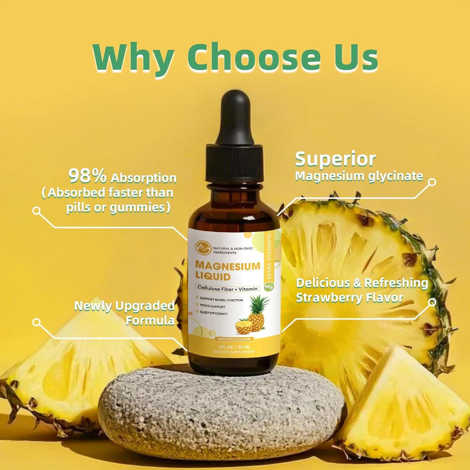 M inch Magnesium Glycinate Liquid, High Absorption Magnesium Liquid Drops with Cellulose Fiber, Bromelain, Vitamin B6, C, D, Zinc, Magnesium Supplement for Kids and Adults, Pineapple Flavor, 2 Pack - M inch