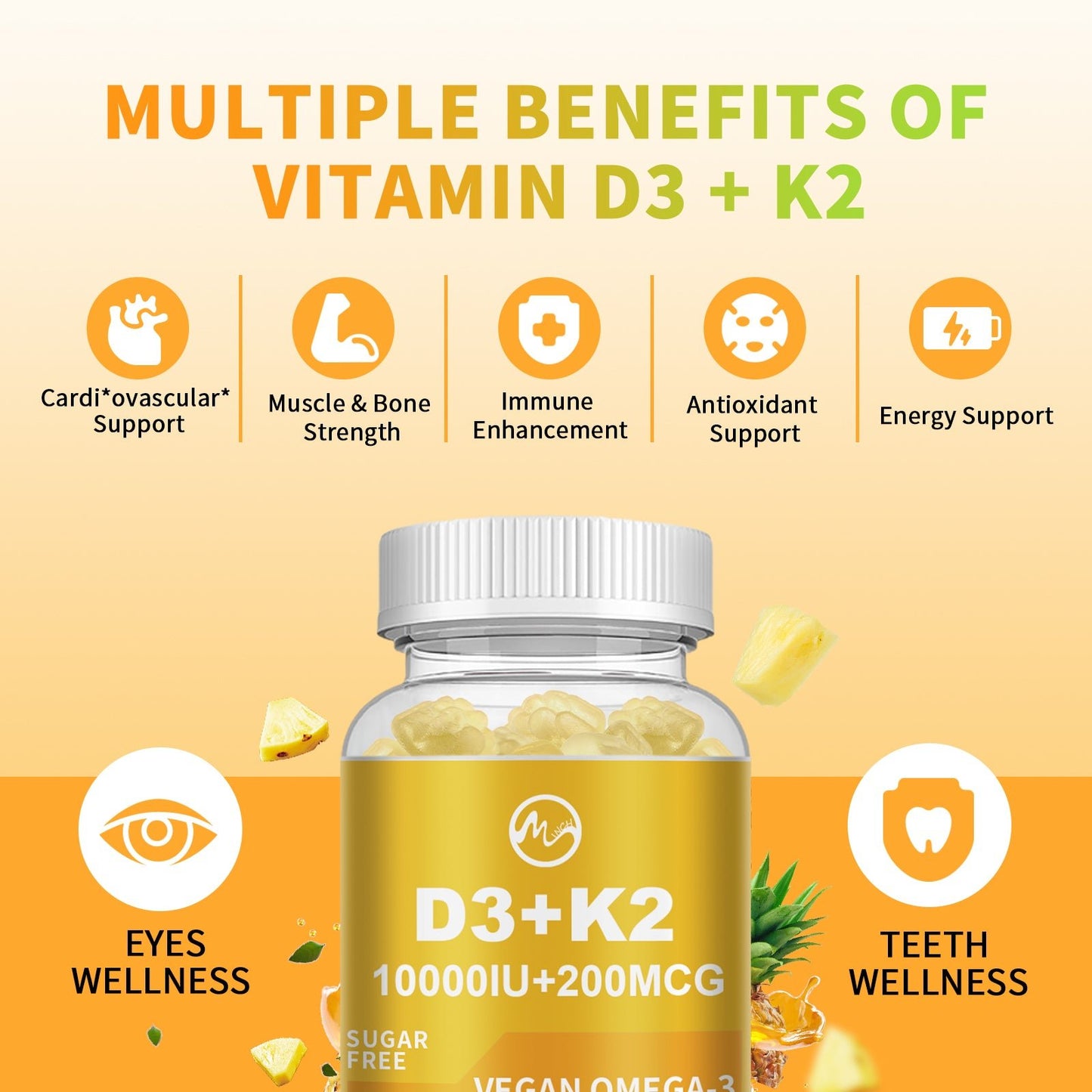 Illustration of bone, immune, and cardiovascular support from D3 K2 Omega-3 gummies