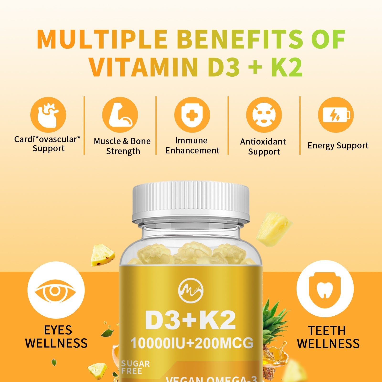 Illustration of bone, immune, and cardiovascular support from D3 K2 Omega-3 gummies