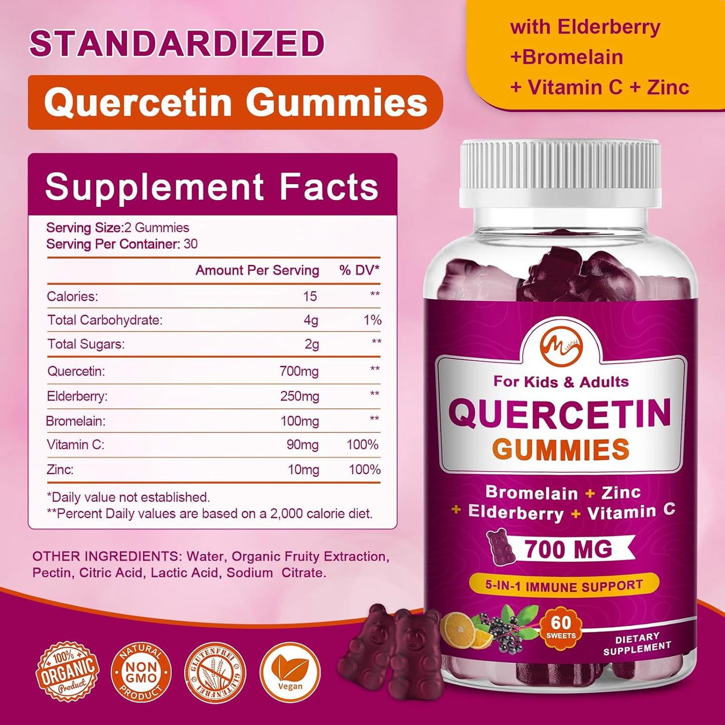 M inch Quercetin Gummies with Bromelain, Elderberry, Zinc and Vitamin C - Chewable Quercetin 700 mg Supplement for Immunity, Allergy, Antioxidant Support - 60 Vegan Gummies