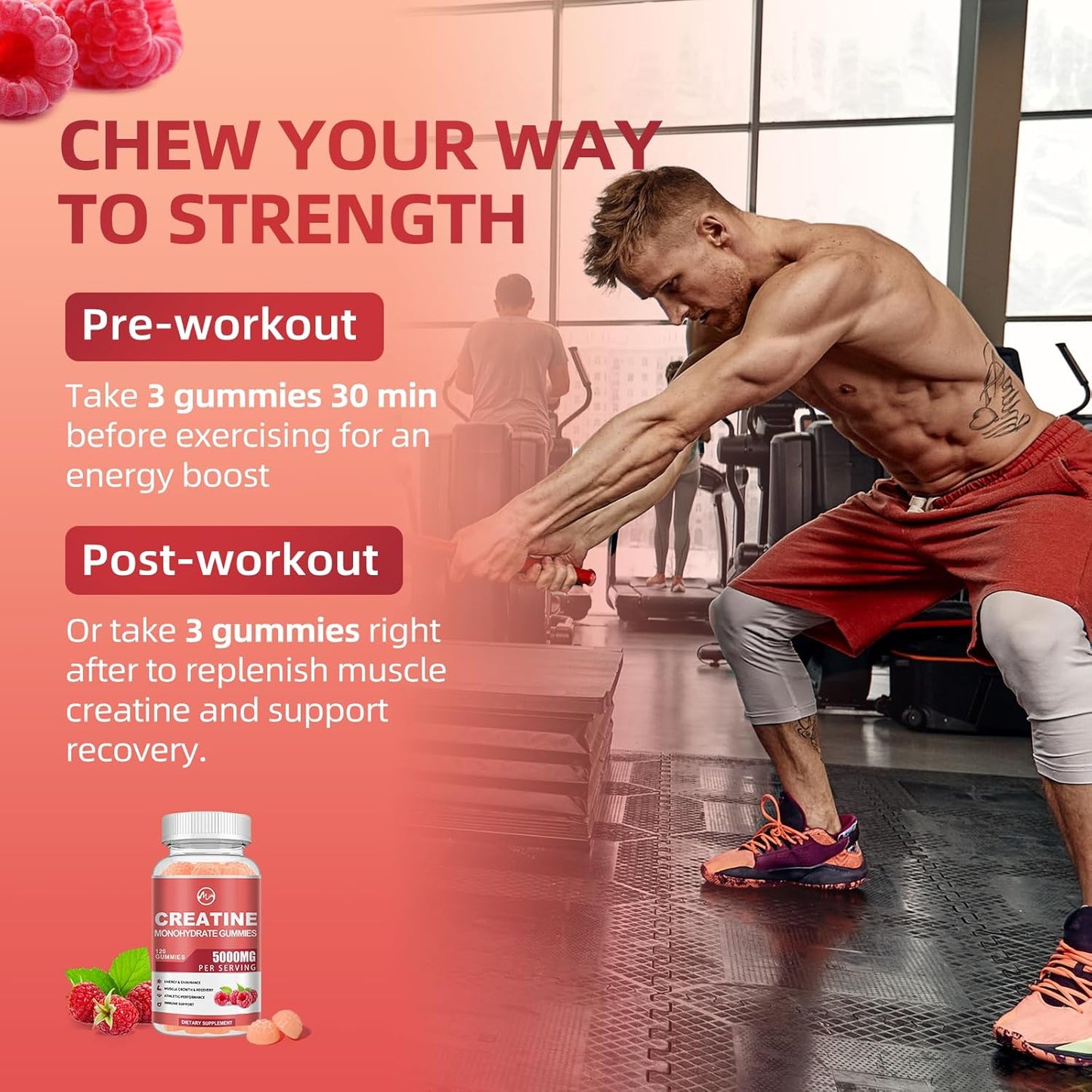 Creatine Monohydrate Gummies 5000mg with Taurine and L-Glutamine, Berry Flavored Creatine Monohydrate Pre Workout Supplement for Muscle Strength and Energy, 120 Gummies