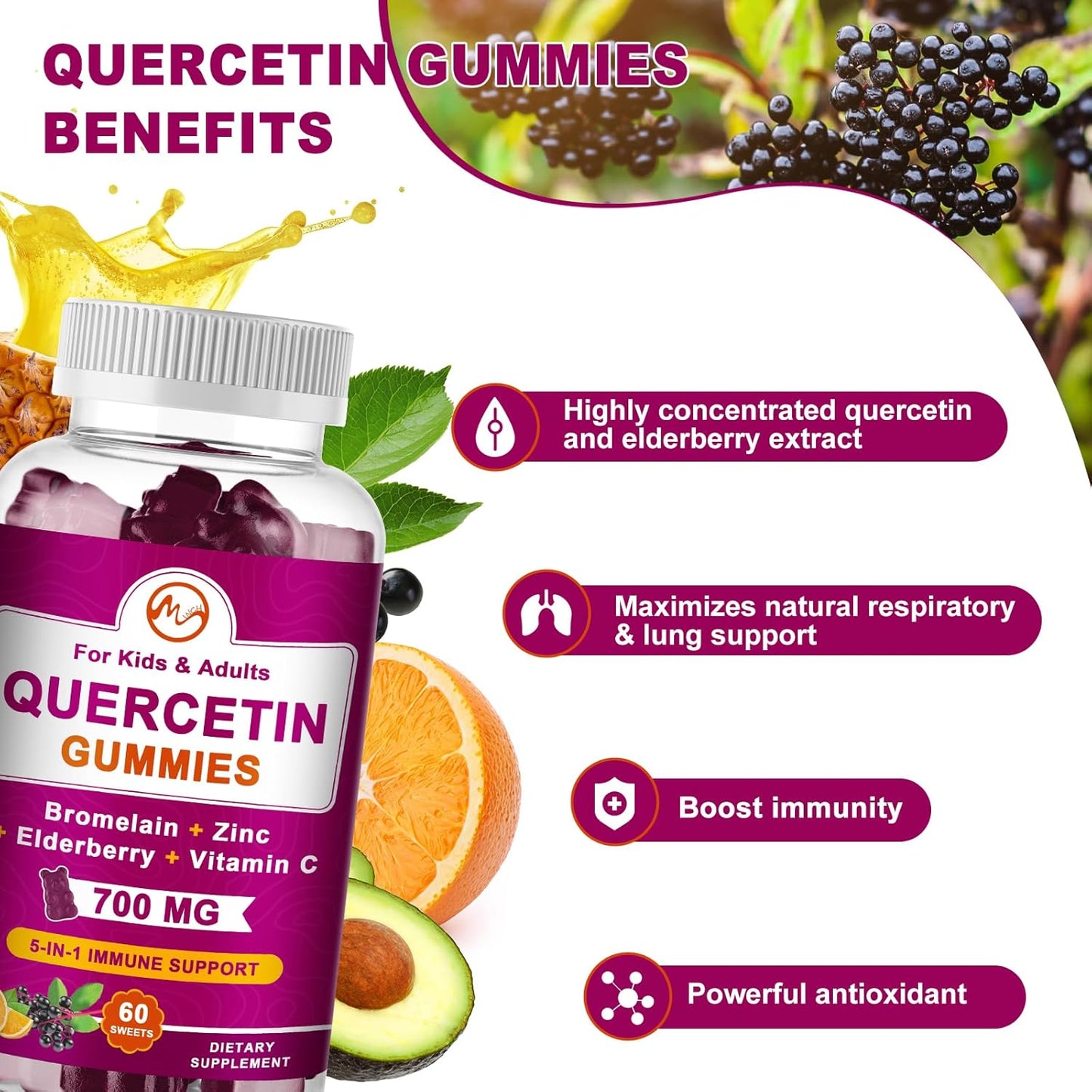 M inch Quercetin Gummies with Bromelain, Elderberry, Zinc and Vitamin C - Chewable Quercetin 700 mg Supplement for Immunity, Allergy, Antioxidant Support - 60 Vegan Gummies