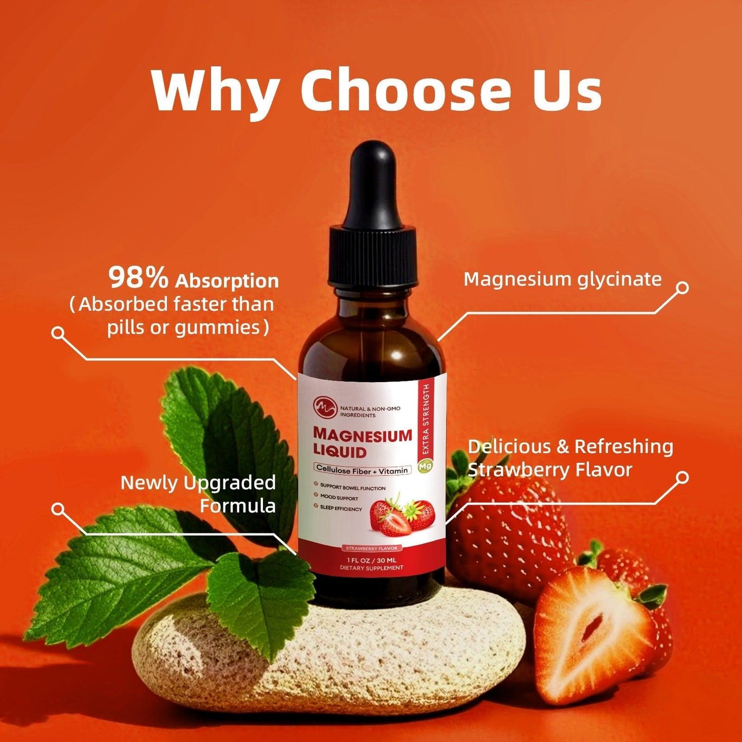 M inch Magnesium Glycinate Liquid, High Absorption Magnesium Liquid Drops with Cellulose Fiber, Bromelain, Vitamin B6, C, D, Zinc, Magnesium Supplement for Kids and Adults, Strawberry Flavor, 2 Pack - M inch