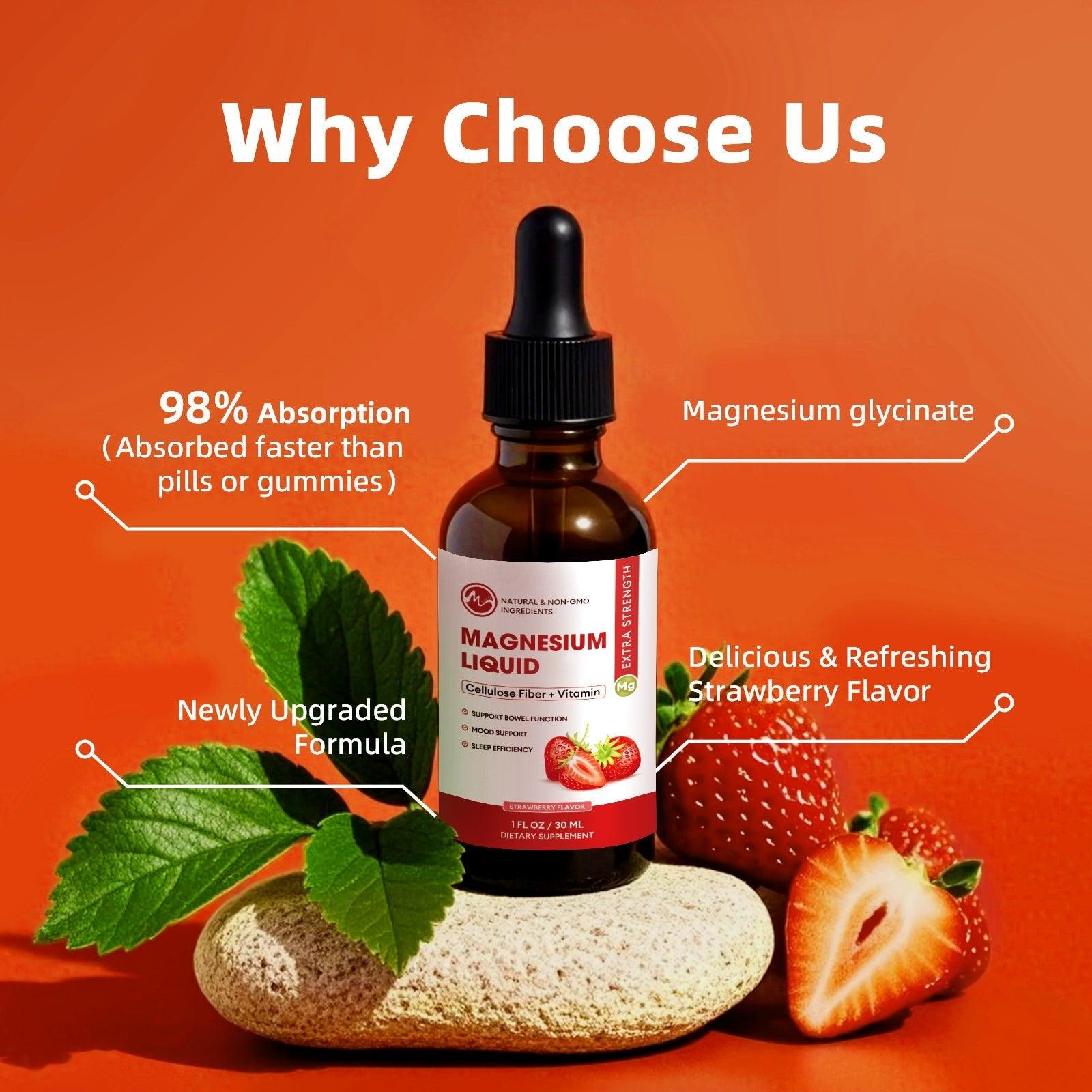 M inch Magnesium Glycinate Liquid, High Absorption Magnesium Liquid Drops with Cellulose Fiber, Bromelain, Vitamin B6, C, D, Zinc, Magnesium Supplement for Kids and Adults, Strawberry Flavor, 2 Pack - M inch