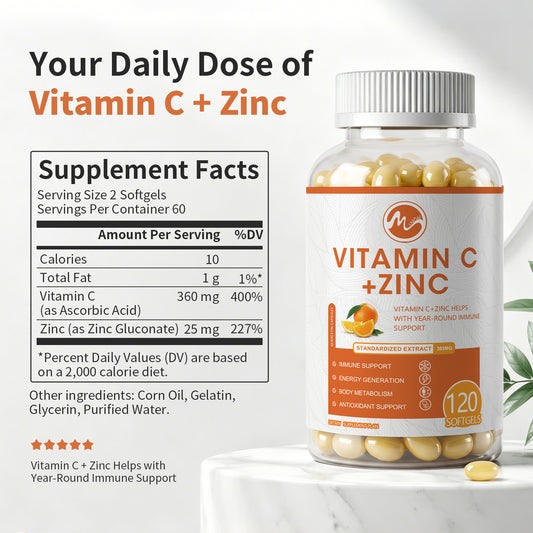 Vitamin C 1000mg Capsule With Zinc 20mg Immune Support, Energy Supplement Promote Hair, Skin, Nails & Joint Health Antioxidant