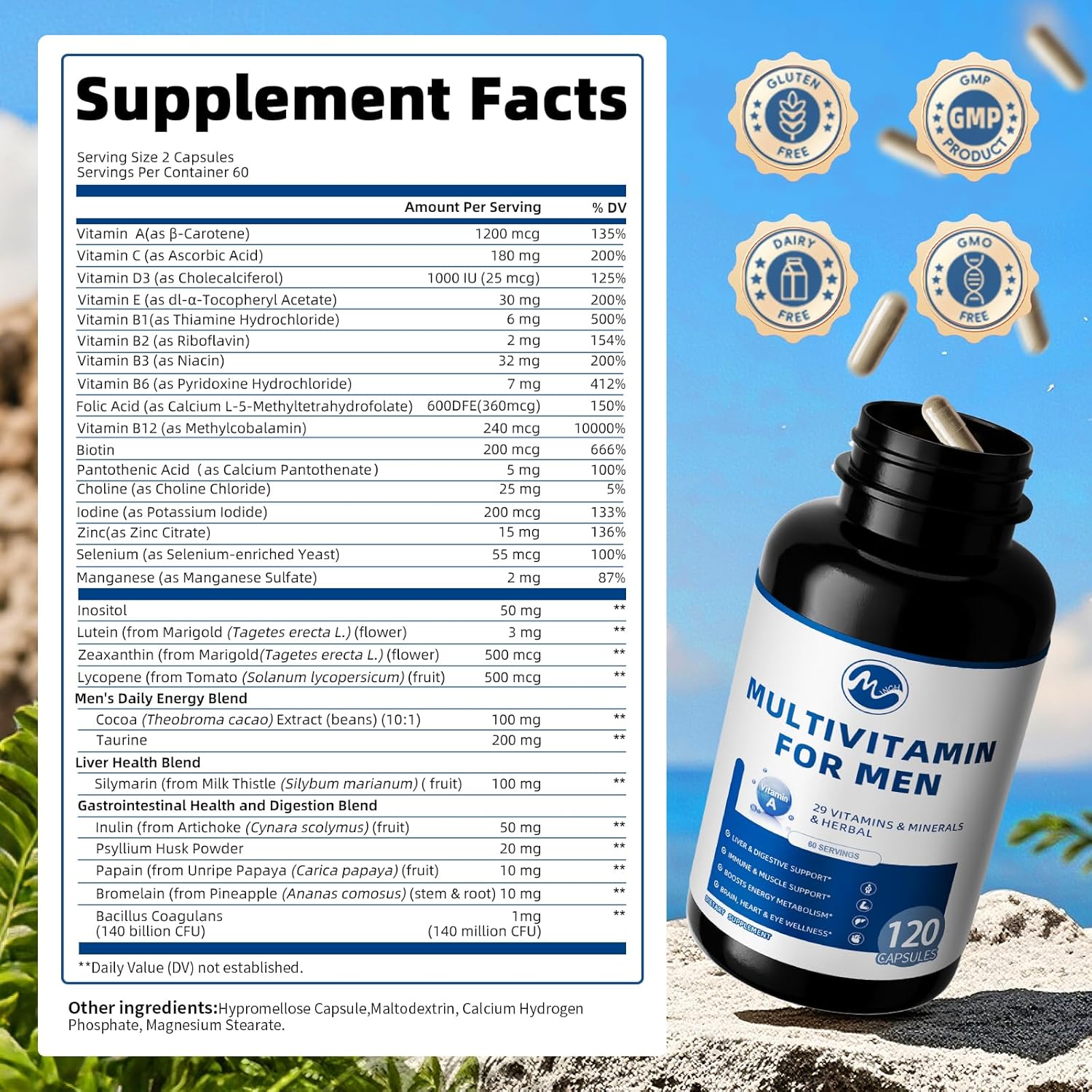 Multivitamin for Men - Daily Mens Multivitamins with Vitamin D, Zinc, Methylcobalamin B12, Folic Acid, Lycopene and Prebiotics for Men's Wellness, Immune Support, Energy and Vitality, 120 Capsules - M inch