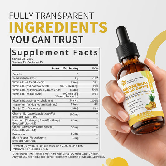 M inch High Absorption Magnesium Glycinate Liquid Drops with Chamomile, Hawthorn, Ginger Extract & Vitamin B6, B9, B12, C, D3, Pineapple Flavor, 2 Pack