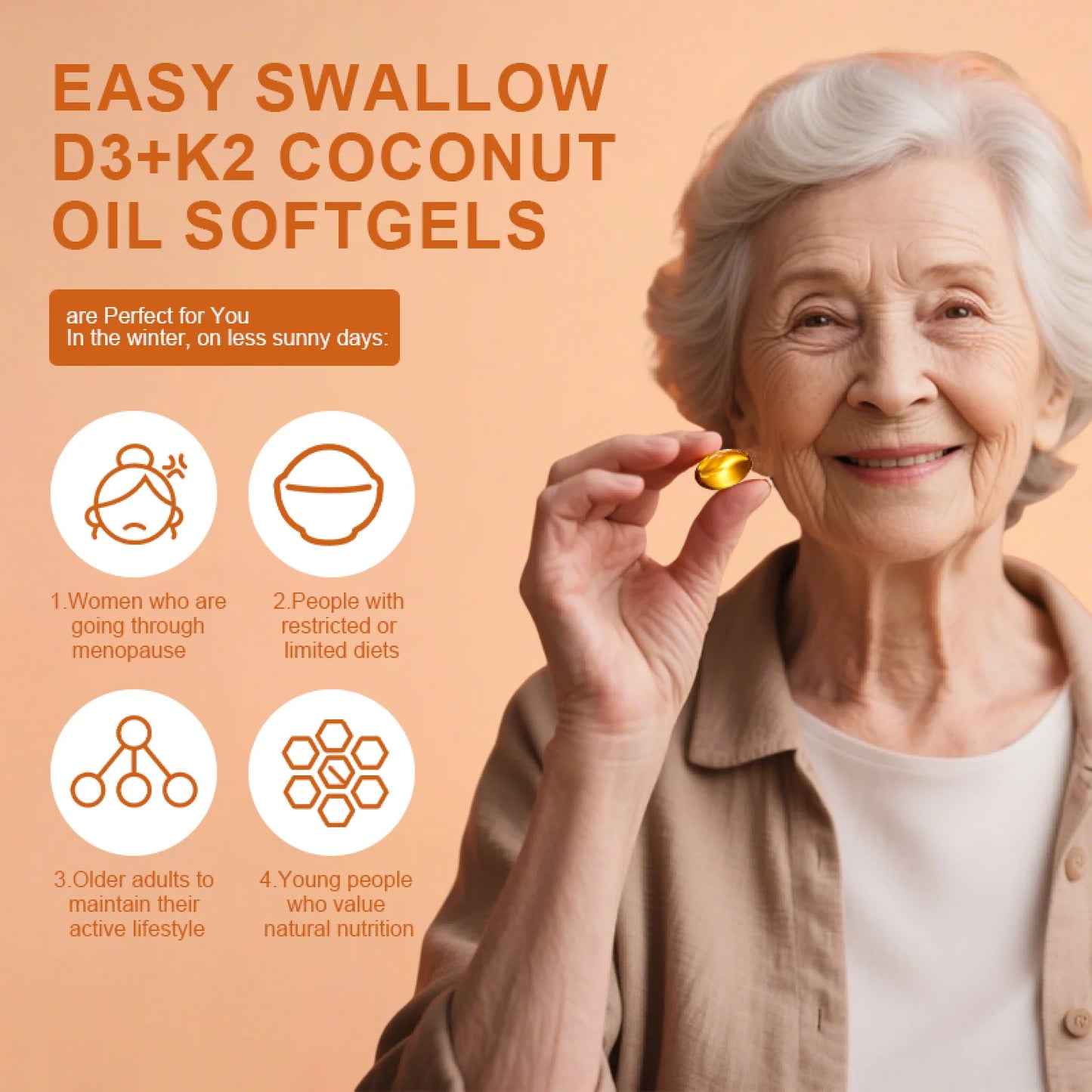 Vitamin D3 + K2 Dietary Supplement Vegetarian Capsules for Bone and Immune Health, 300 Count