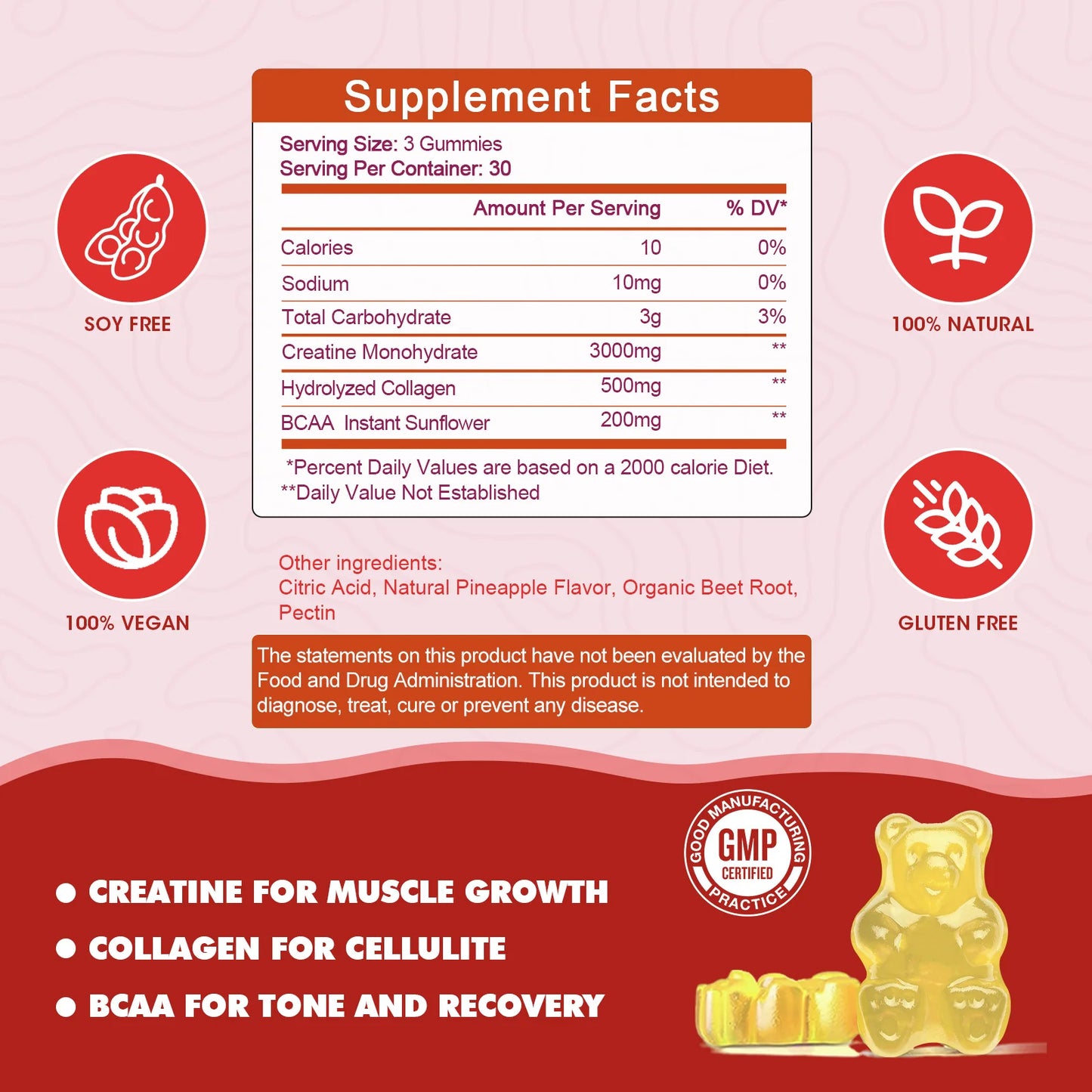 Creatine Monohydrate Gummy for Men & Women,60 Pineapple Gummies