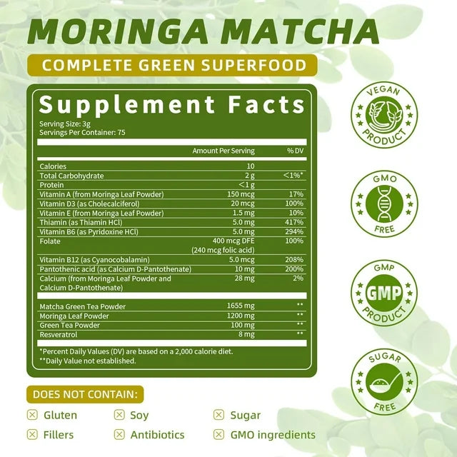 Moringa Powder – Moringa Oleifera Leaf Powder, with Matcha, Green Tea – 8Oz 227g