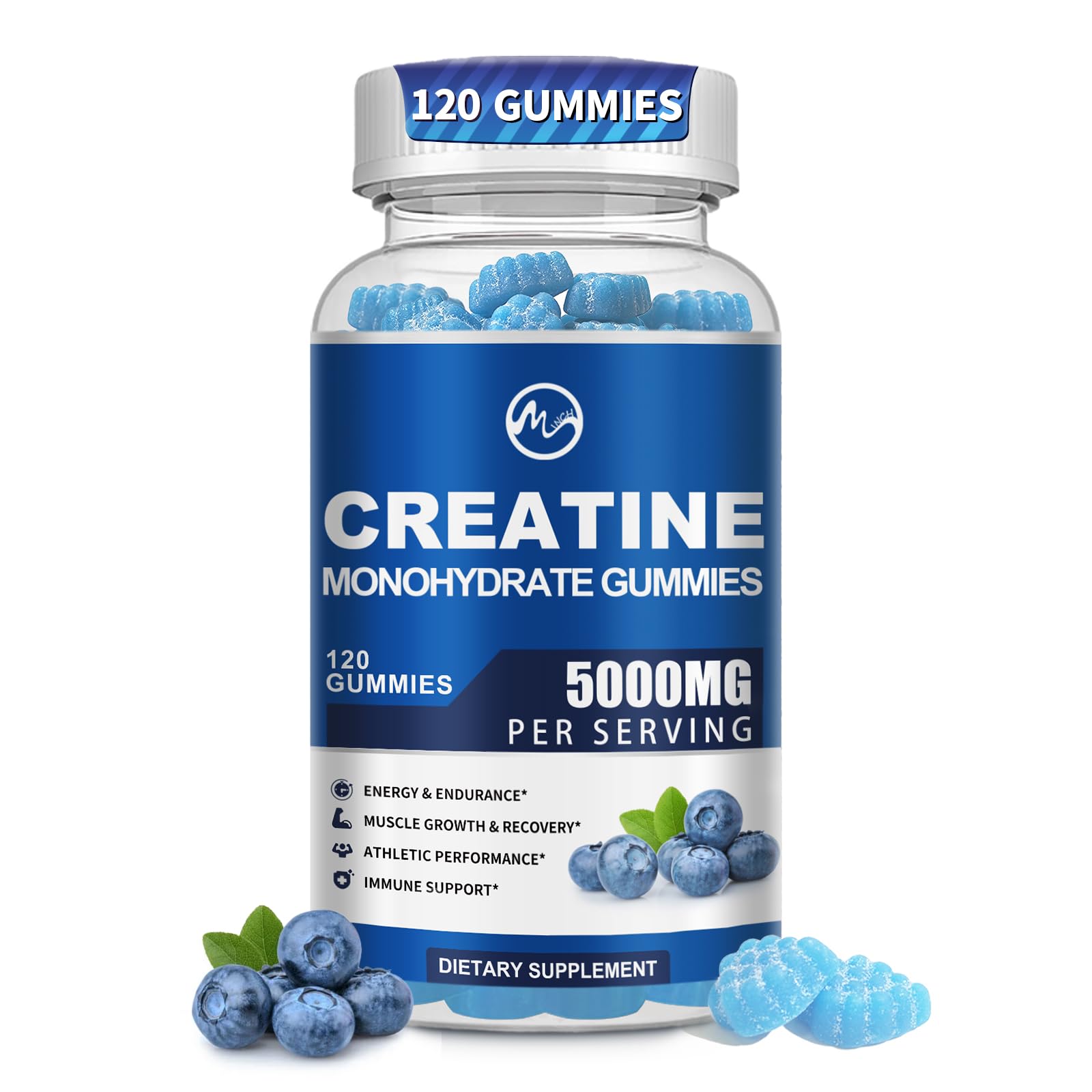 Creatine Monohydrate Gummies 5000mg with Taurine and L-Glutamine, Blueberry Flavored Creatine Monohydrate for Men and Women, Pre Workout Supplement for Muscle Strength and Energy Boost, 120 Gummies - M inch