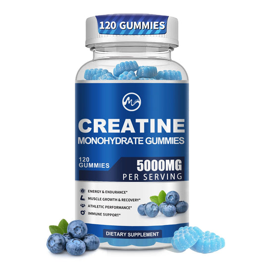Creatine Monohydrate Gummies 5000mg with Taurine and L-Glutamine, Blueberry Flavored Creatine Monohydrate for Men and Women, Pre Workout Supplement for Muscle Strength and Energy Boost, 120 Gummies - M inch