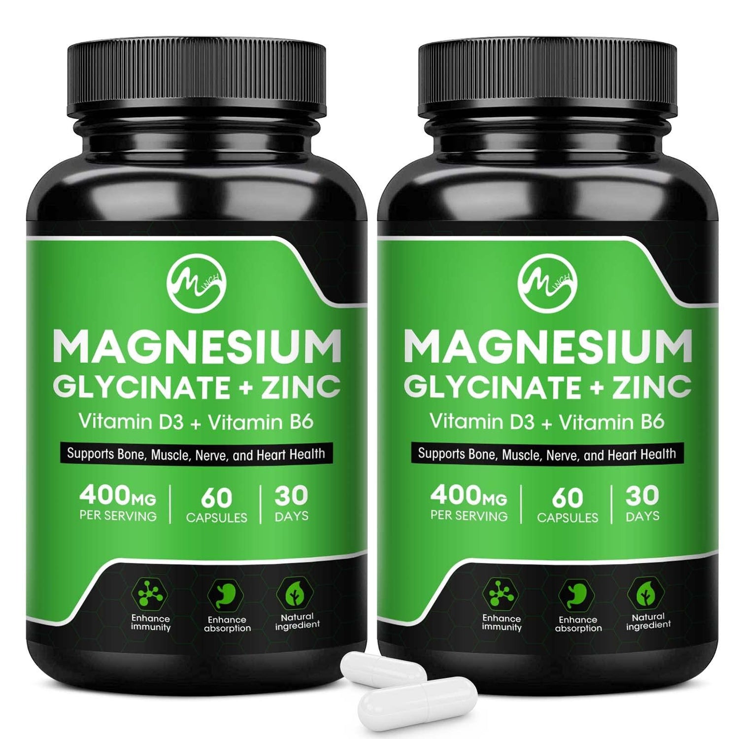 (2 Pack) Magnesium Glycinate Capsules, Magnesium Supplement 400 mg with Zinc,Vitamin D3 & B6 - Highly Bioavailable and Absorption - Bone,Heart,Joint,Immune Support - 120CT - M inch