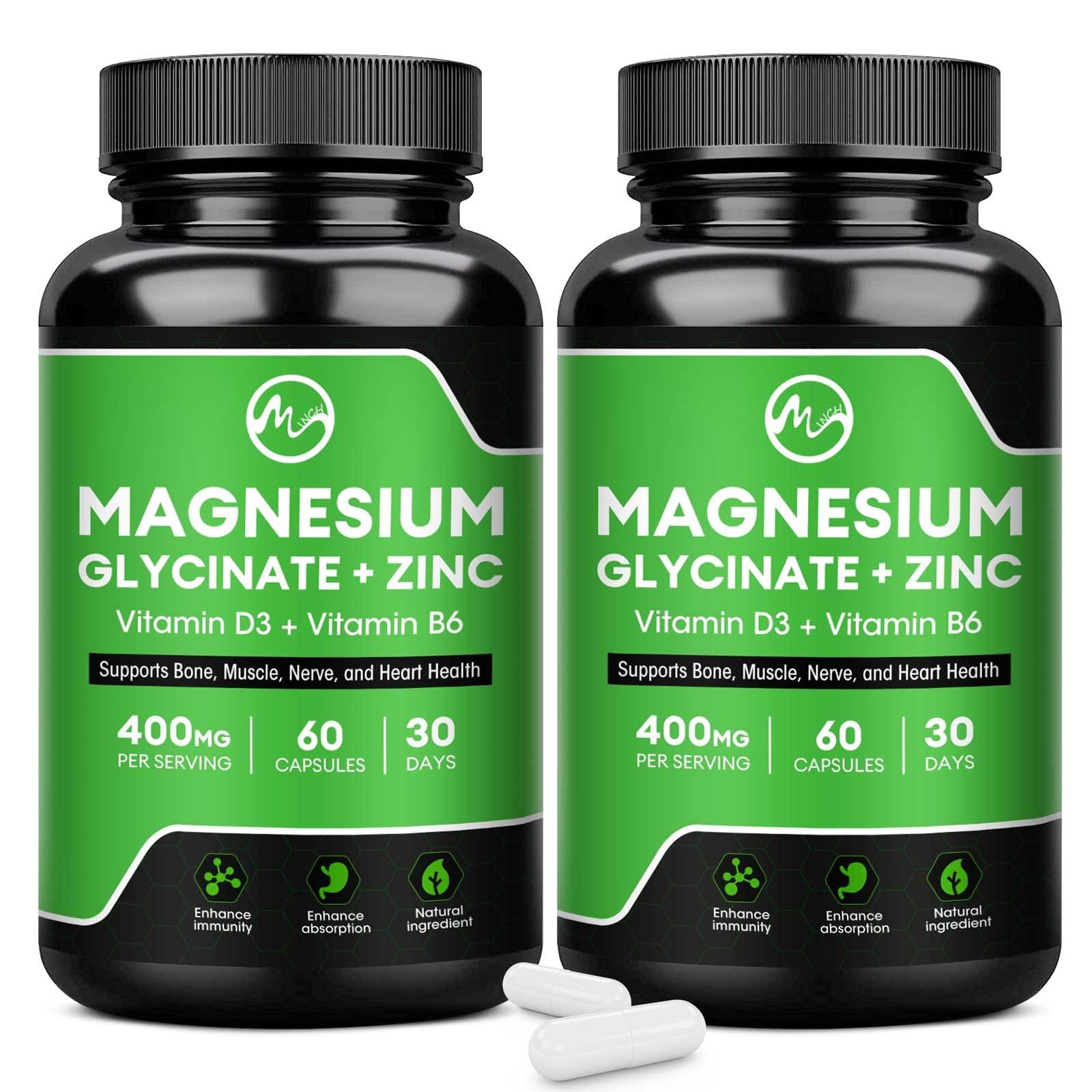 (2 Pack) Magnesium Glycinate Capsules, Magnesium Supplement 400 mg with Zinc,Vitamin D3 & B6 - Highly Bioavailable and Absorption - Bone,Heart,Joint,Immune Support - 120CT - M inch