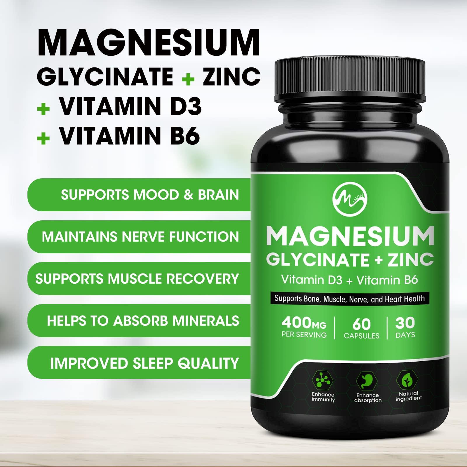 (2 Pack) Magnesium Glycinate Capsules, Magnesium Supplement 400 mg with Zinc,Vitamin D3 & B6 - Highly Bioavailable and Absorption - Bone,Heart,Joint,Immune Support - 120CT - M inch